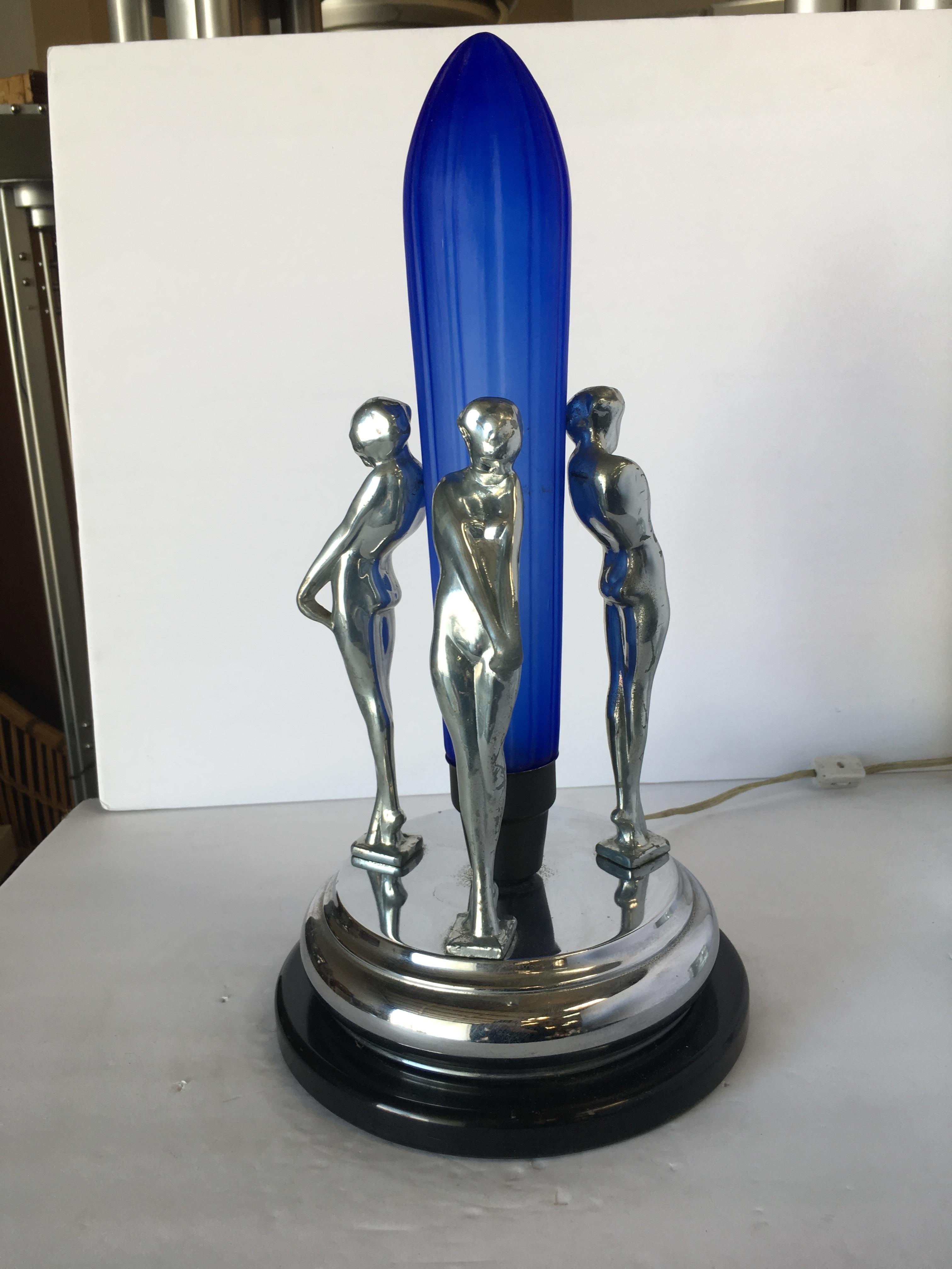 Frankart Inspired Chrome Nude Female Table Lamp with Cobalt Shade 4