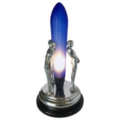 Vintage Frankart Inspired Chrome Nude Female Table Lamp with Cobalt Shade