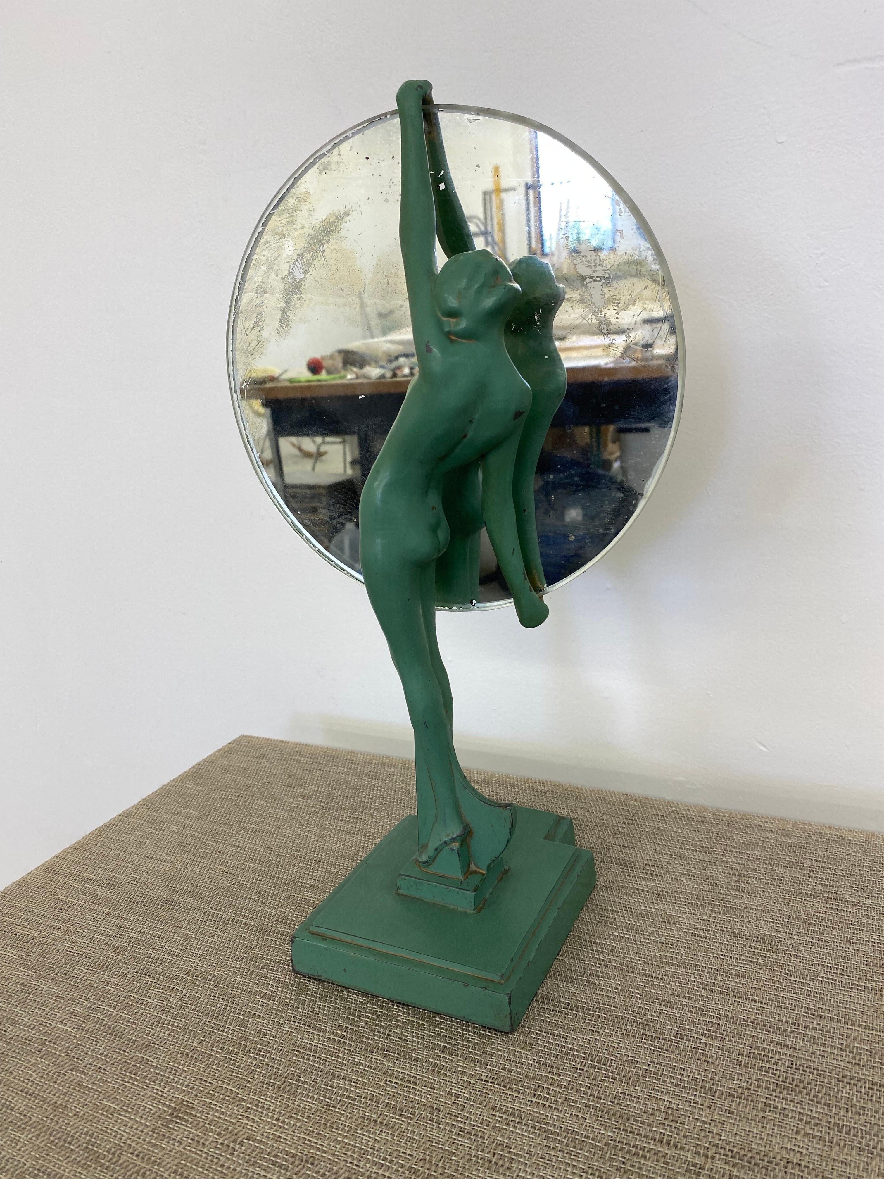Frankart Nude lady holding a mirror. Probably one of the rarest Pieces out there! You often see the same figure as a lamp, but I have never seen this model before! Great Patina! Mirror shows slight paint loss but overall in great condition! Mirror