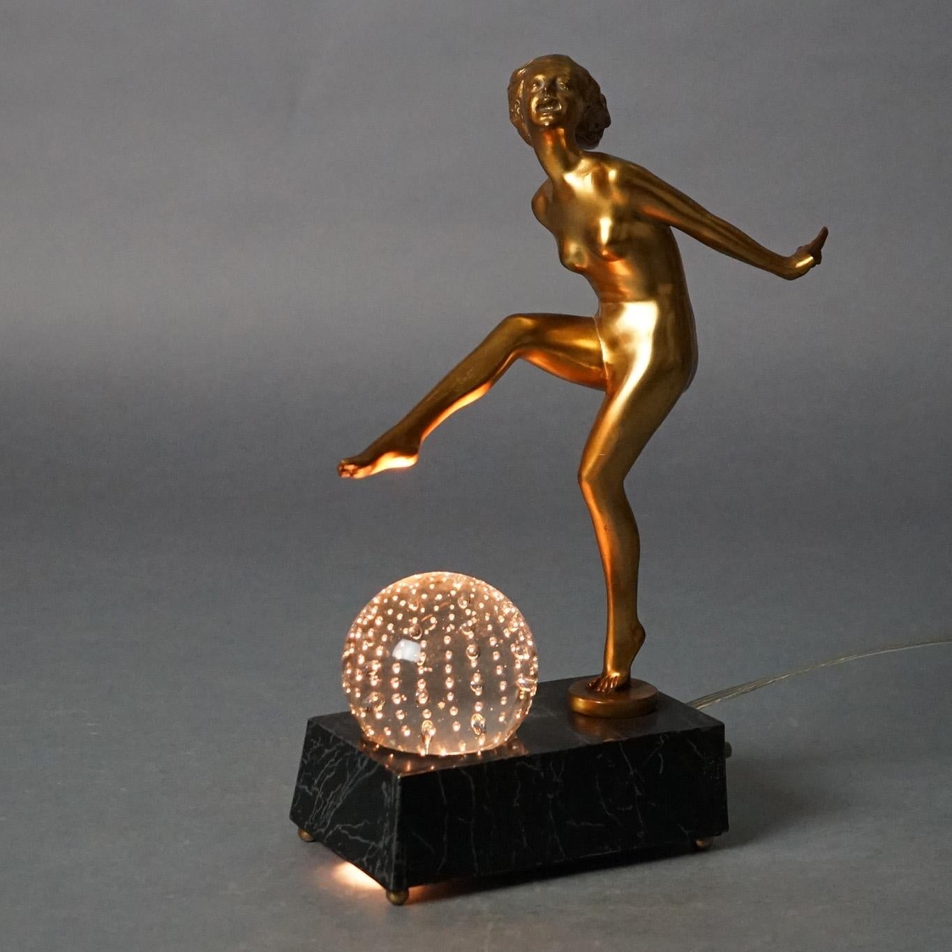 Vintage Art Deco Bronze & Crystal Sculptural Lamp in the Manner of Frankart with a Woman & Ball, C1930

Measures - 12.75