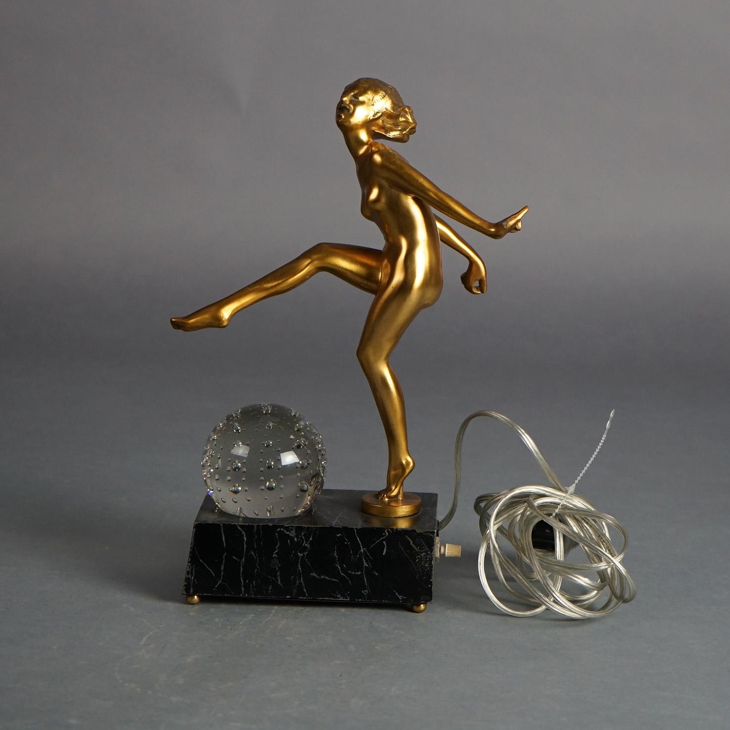 North American Frankart School Art Deco Bronze & Crystal Sculptural Lamp, Woman & Ball, C1930