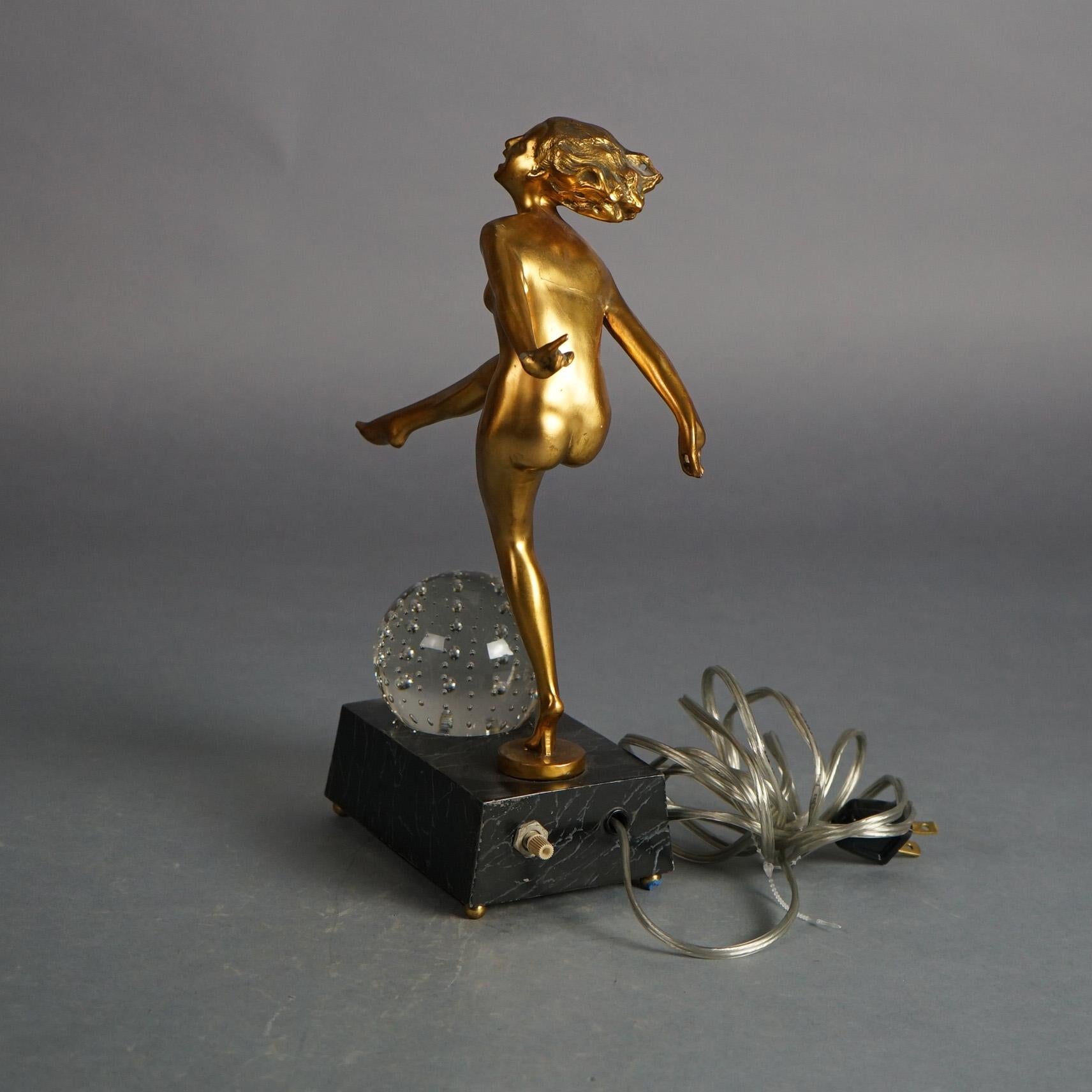 Frankart School Art Deco Bronze & Crystal Sculptural Lamp, Woman & Ball, C1930 In Good Condition In Big Flats, NY