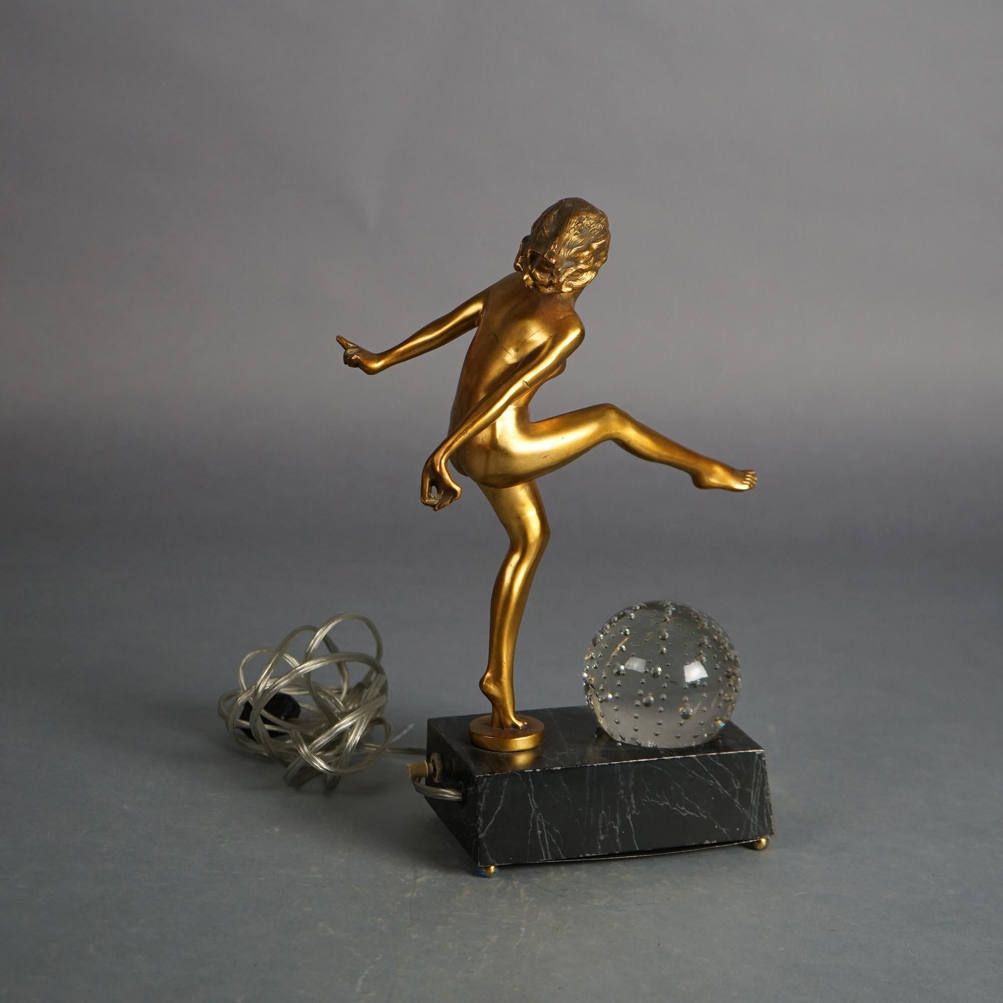 20th Century Frankart School Art Deco Bronze & Crystal Sculptural Lamp, Woman & Ball, C1930