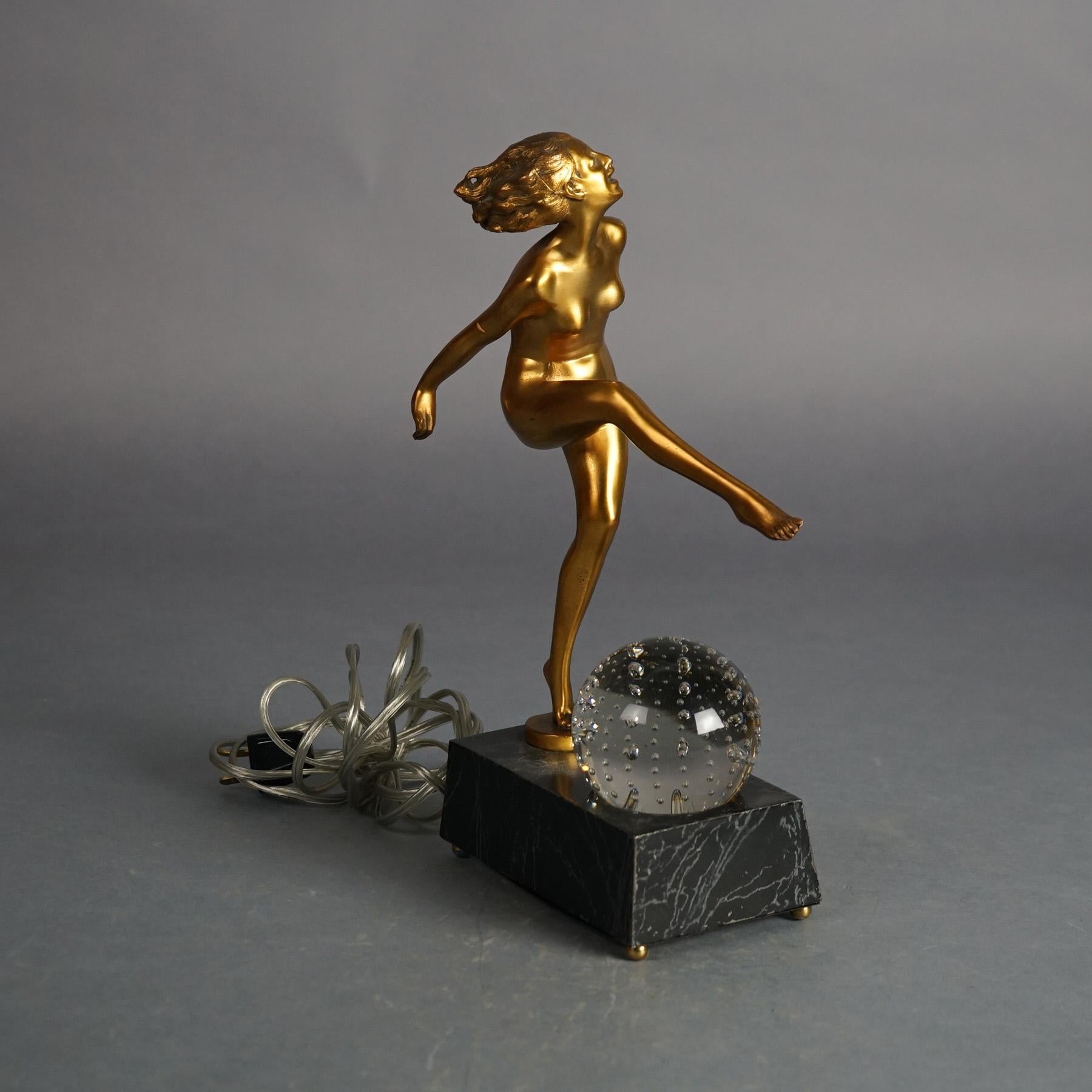 Frankart School Art Deco Bronze & Crystal Sculptural Lamp, Woman & Ball, C1930 1