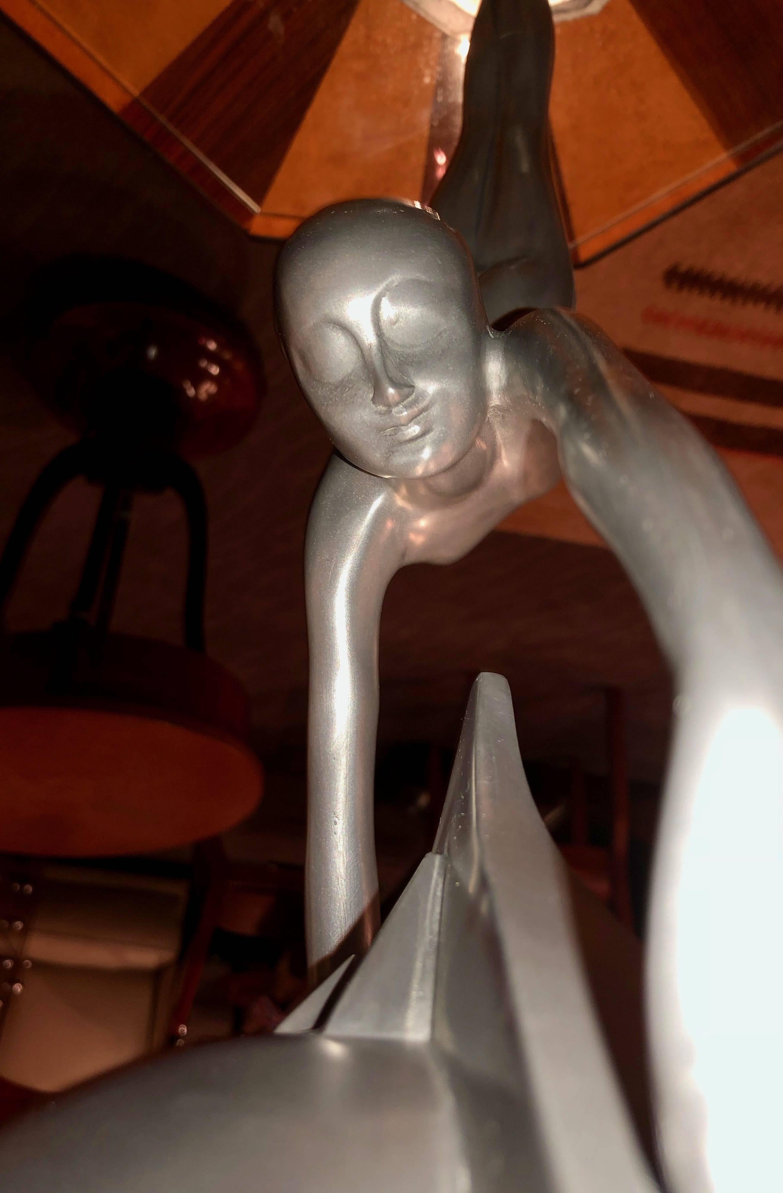 Art Deco Frankart Statue Lamp Nude Silver Original Pristine Crackle Glass Globe