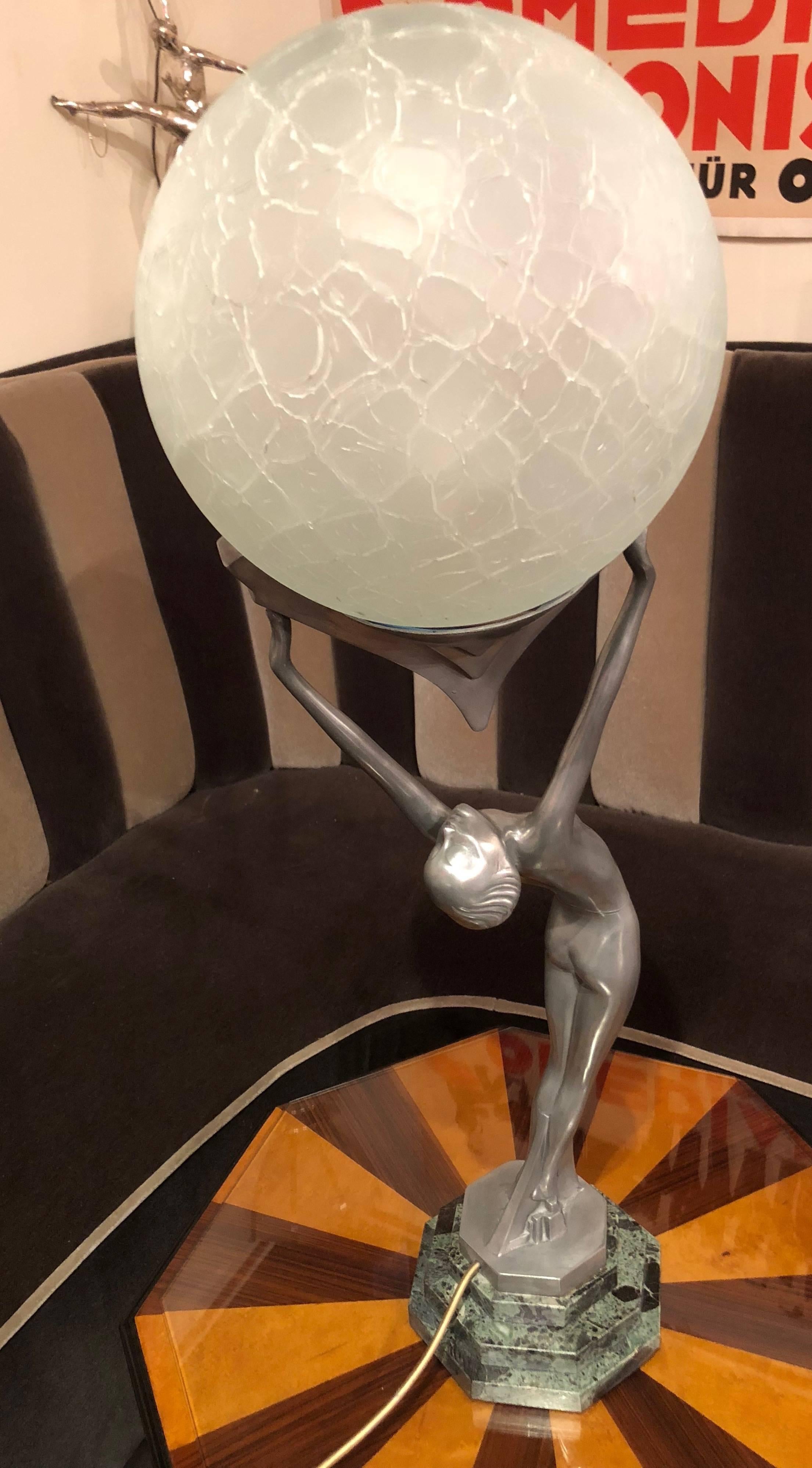 Mid-20th Century Frankart Statue Lamp Nude Silver Original Pristine Crackle Glass Globe