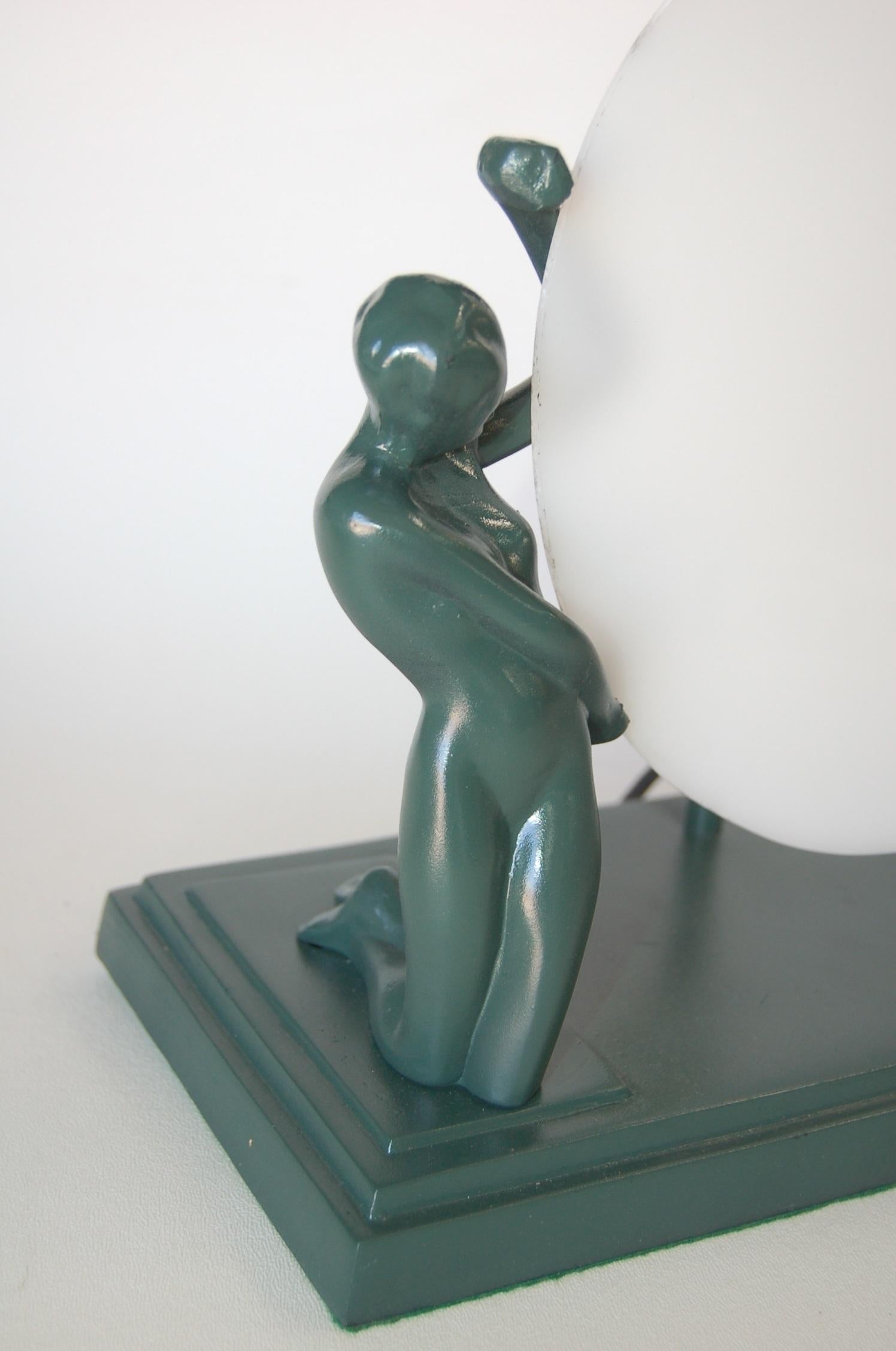 Metal Frankart Style Nude Figures Nymph Silhouette Sun Green Table Lamp