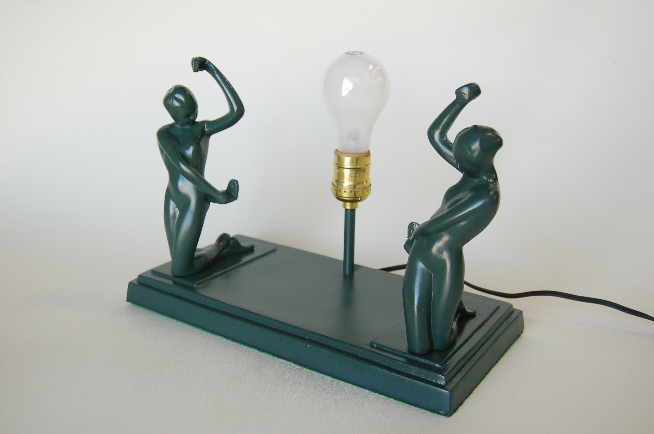 Frankart Style Nude Figures Nymph Silhouette Sun Green Table Lamp 2