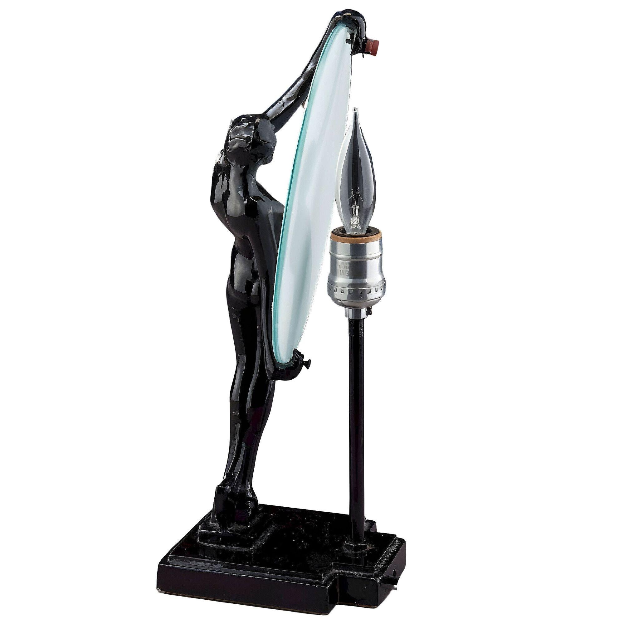 Art déco Lampe de table en stéatite noire de Frankart, Nymphe Silhouette Lune Nue, Sarsparill en vente