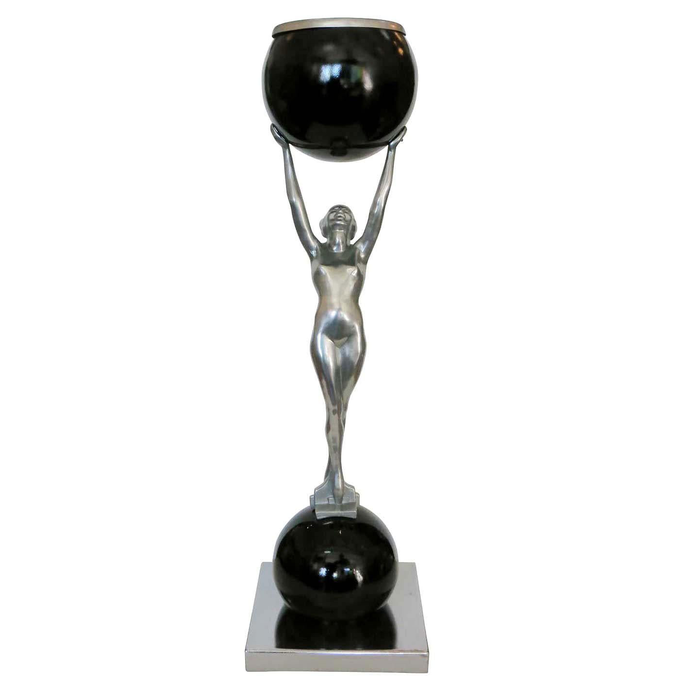 Frankart Style Silvertone and Onyx Nude Figural Cocktail Smoker Ashtray