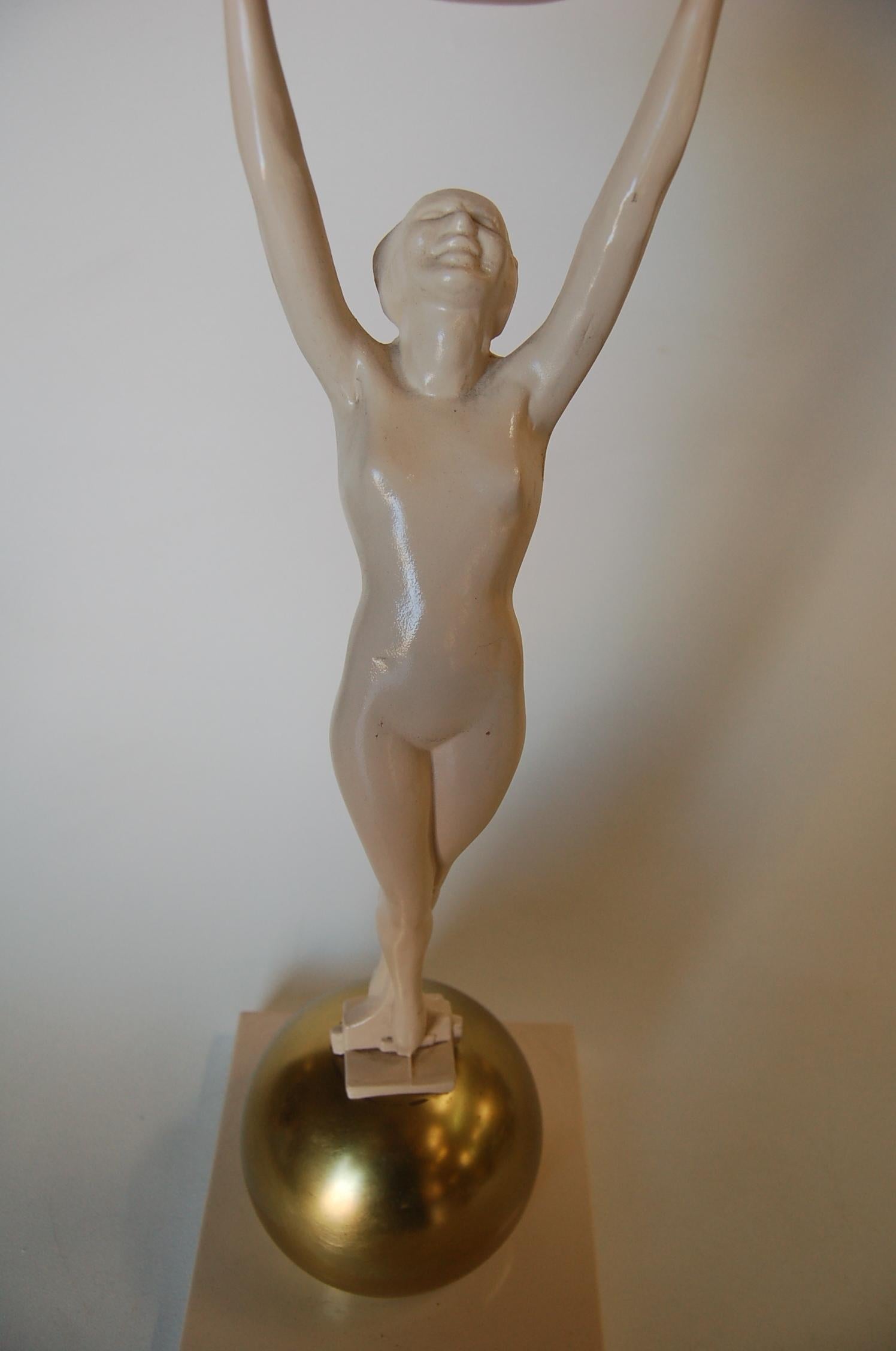 American Frankart-Style White Enameled Nude Figure Sculptural Brass Floor Standing Lamp