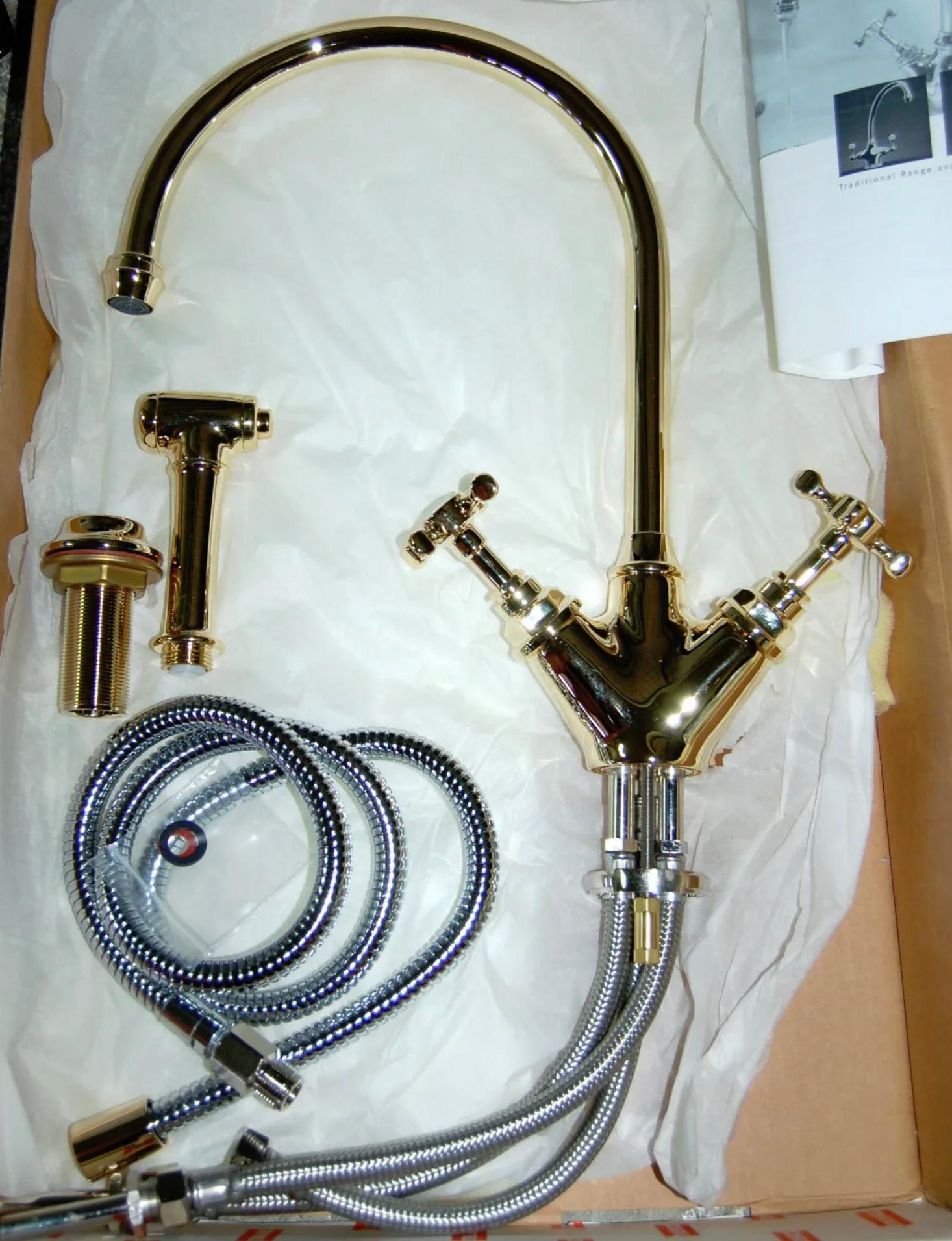 French Provincial Franke BiFlow Polished Brass Kitchen Faucet w/ Side Spray, Switzerland