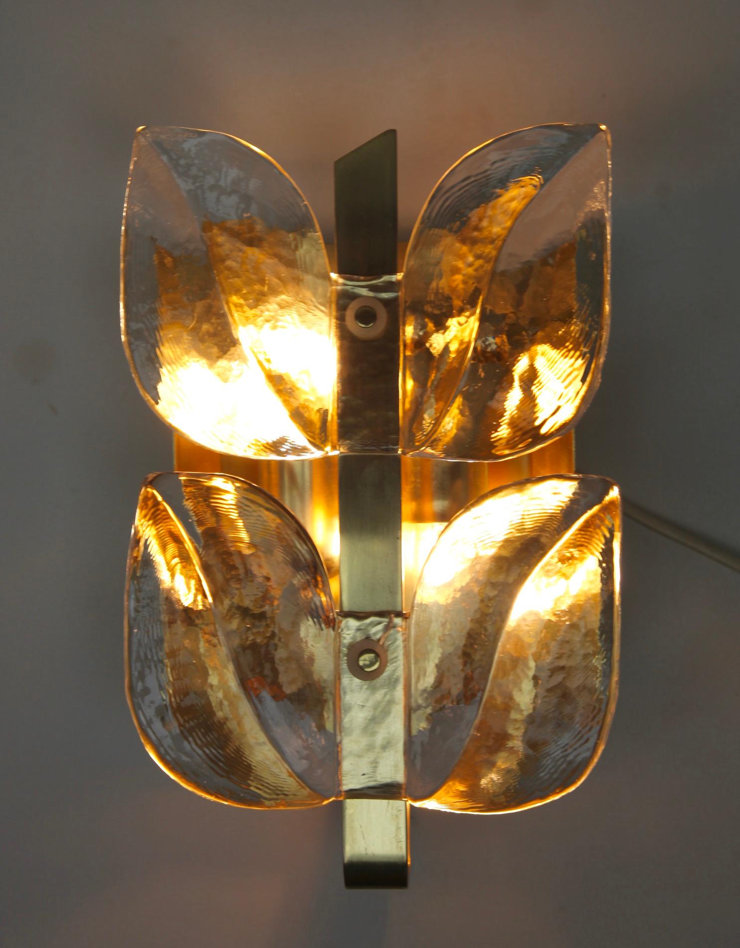 Brass Franken Kg Kalmar Art Glass Leaf Sconce 'Wall-Light', circa 1970s