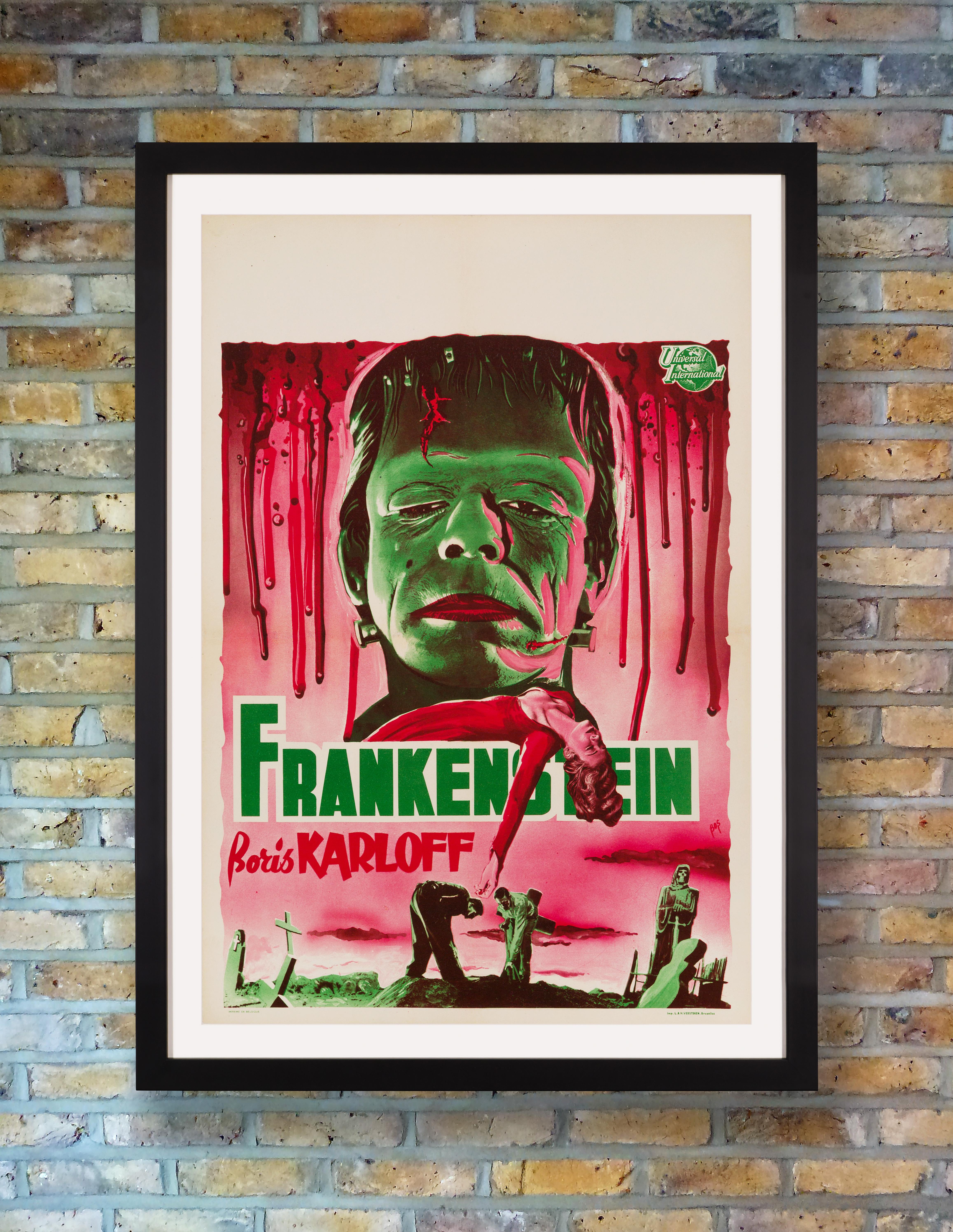 A spine chilling small-format Belgian poster for a 1950s re-release of the Classic 1931 Universal horror 'Frankenstein,' the most iconic of the many film adaptations of Mary Shelley's chilling Gothic novel of the same name, largely due to Boris