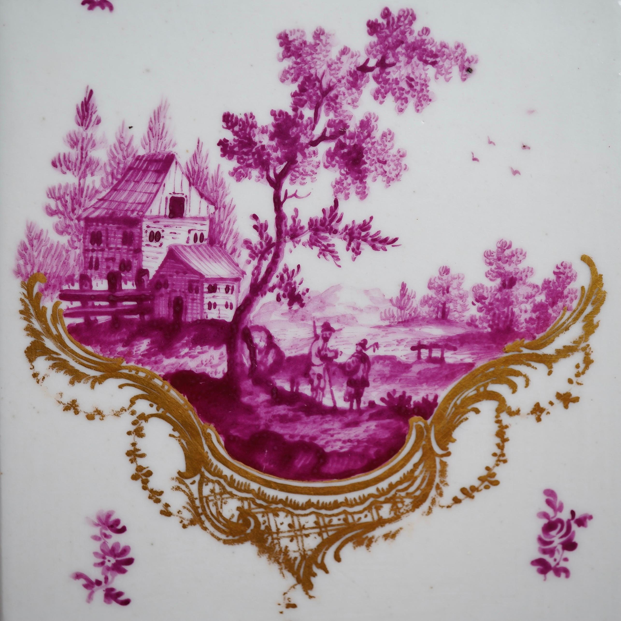 Rococo Frankenthal Tea Canister and Cover, Country Scenes in Purple, circa 1765 For Sale