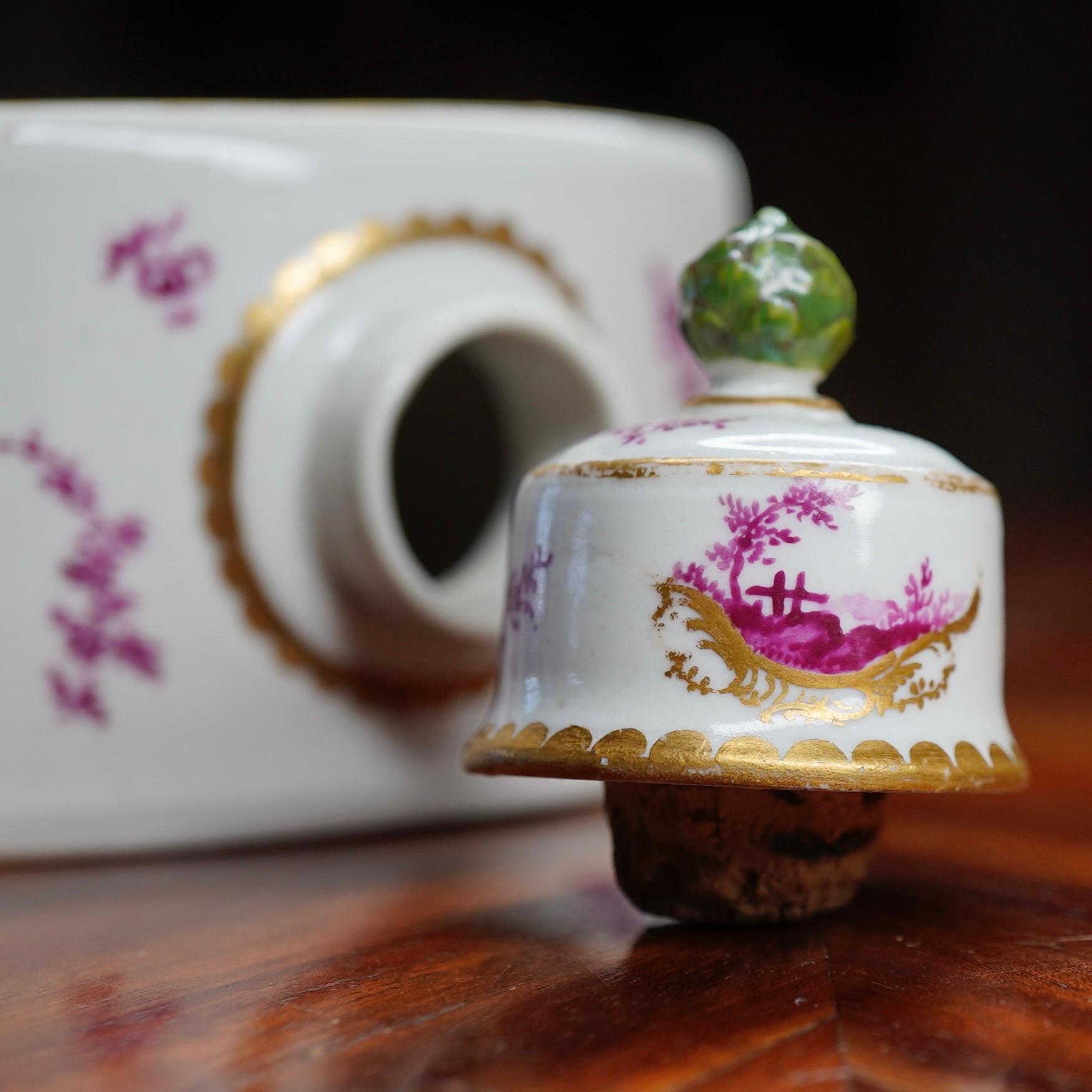 Porcelain Frankenthal Tea Canister and Cover, Country Scenes in Purple, circa 1765 For Sale