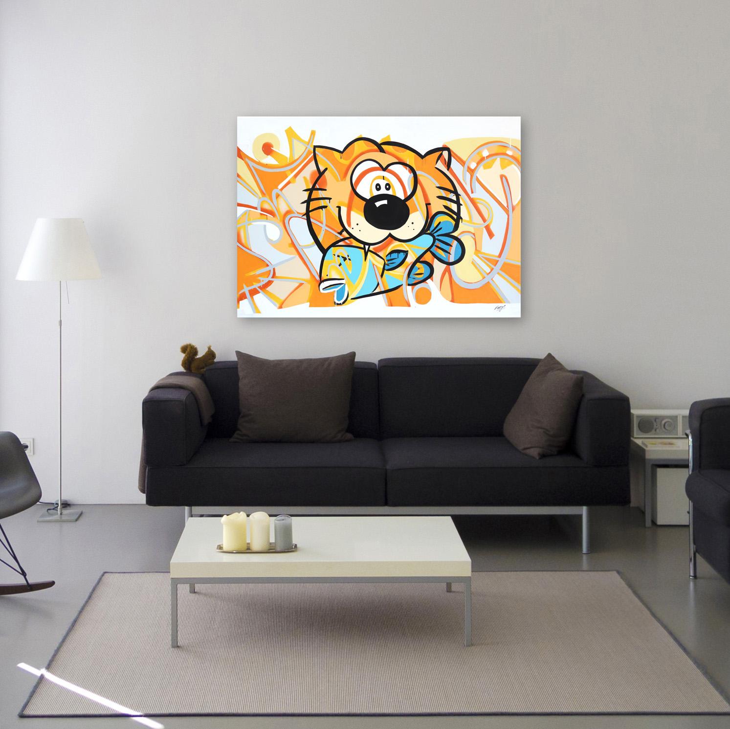 Cliffy Goes Fishing - Large Colorful Original Pop Art Animal Painting on Canvas - Orange Landscape Painting by Frankie Alfonso