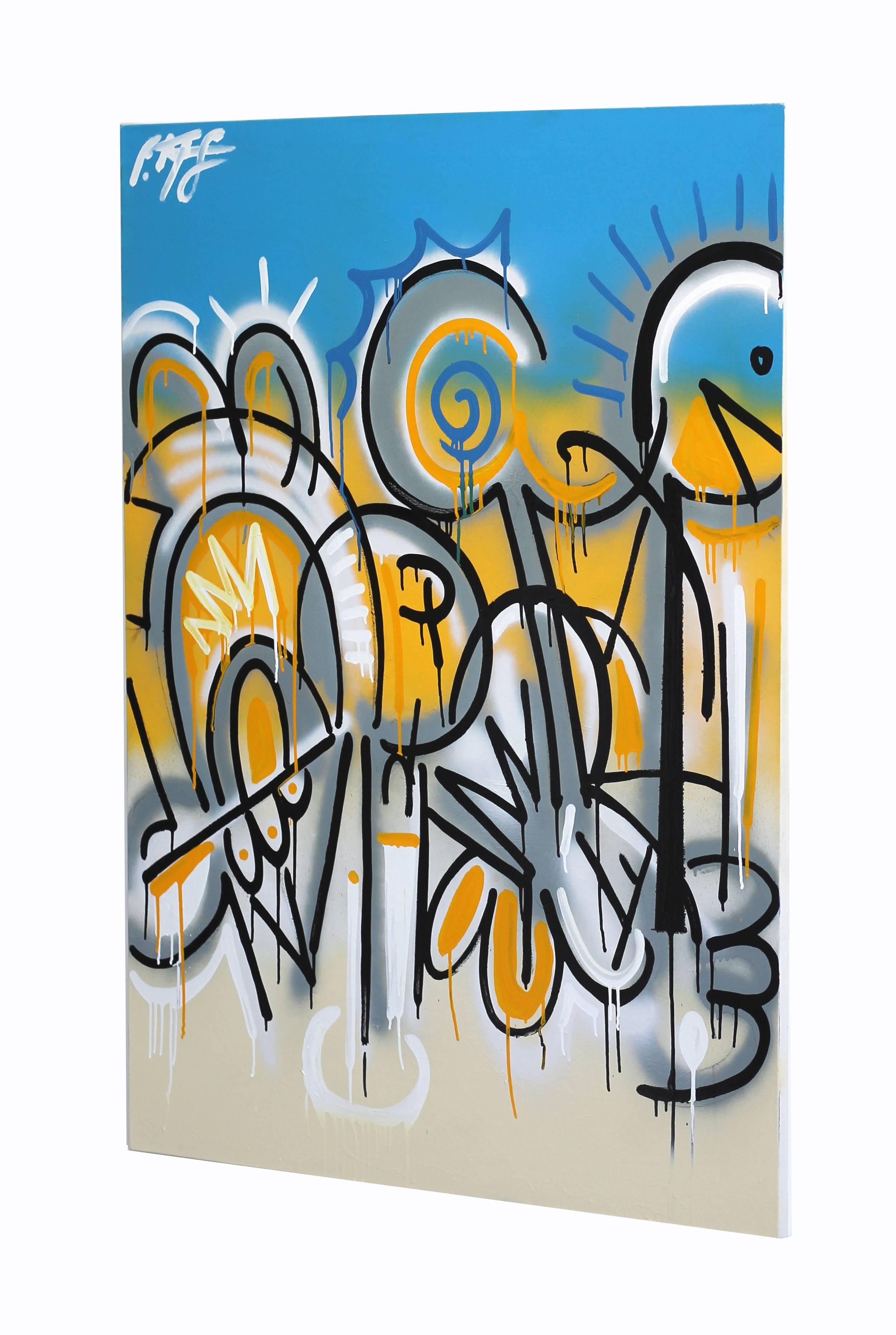 Minerali - Pittura di strada originale espressiva in blu, giallo, bianco e nero - Abstract Painting Beige di Frankie Alfonso