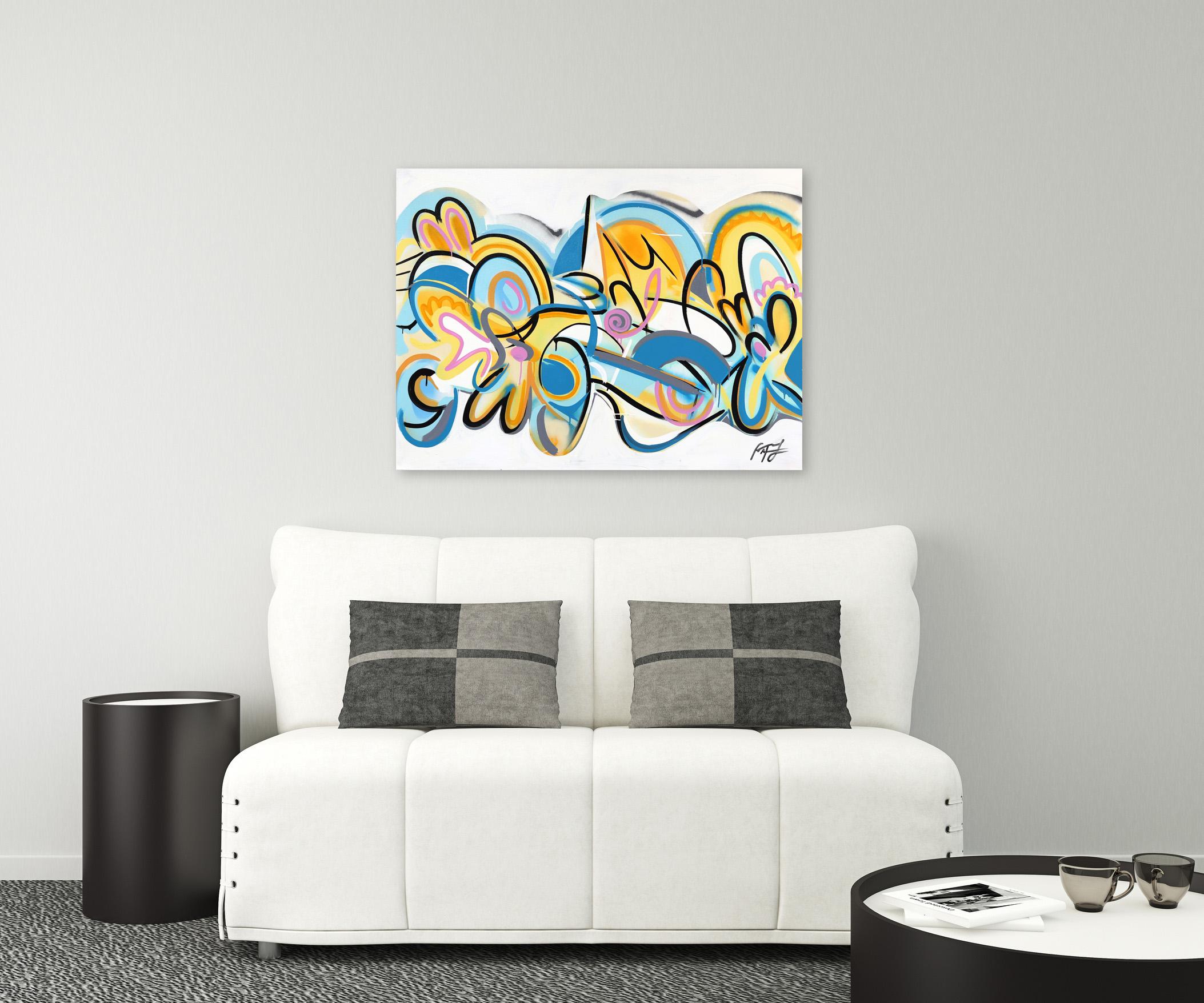 Beach Sunset  Peinture gestuelle graffiti colorée vibrante technique mixte originale en vente 1