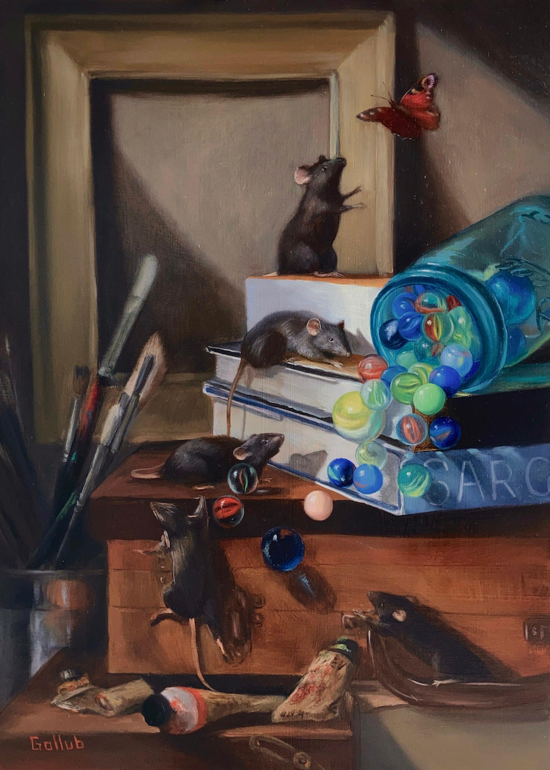 Frankie Gollub Still-Life - Allegory of Painting, still-life, realism, oil painting, creatures, books