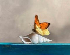 Orange and Teal, still-life, realism, oil painting, insects, seashells