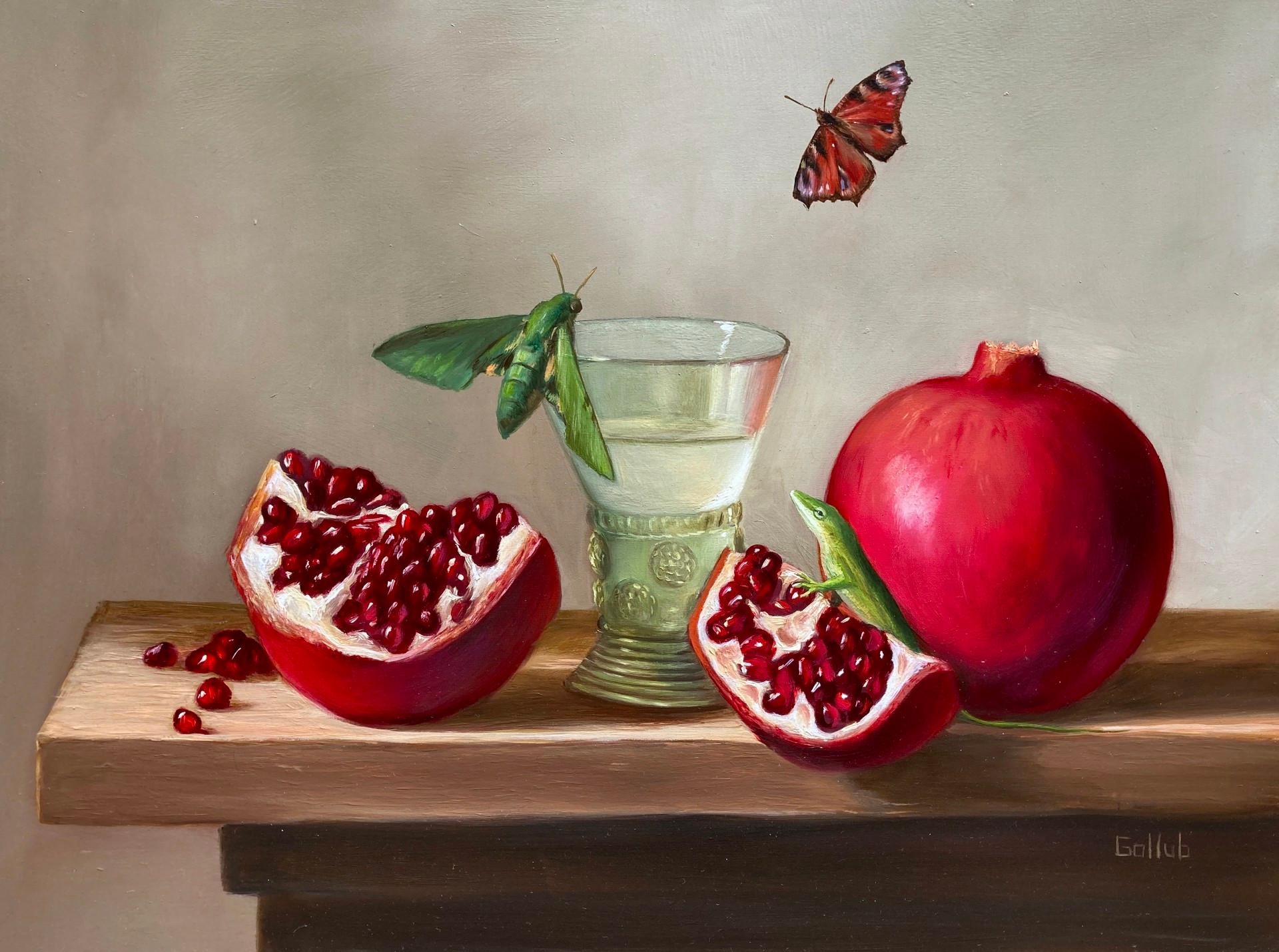 Frankie Gollub Still-Life - Pomegranates and Green Glass, still-life, realism, oil painting, insects