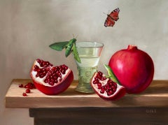 Pomegranates and Green Glass, still-life, realism, oil painting, insects