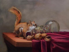 Écureuil rouge avec noyer et verre roemer, nature morte, réalisme, peinture à l'huile