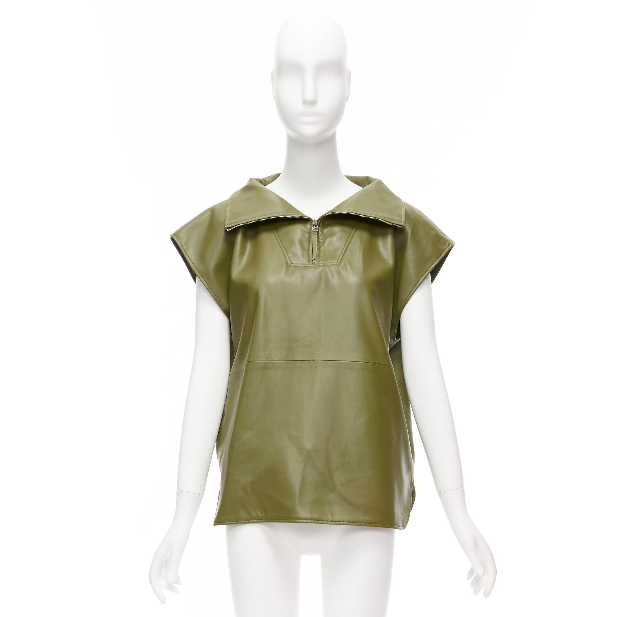 FRANKIE SHOP khaki green faux leather PU half zip boxy popover sleeveless top XS For Sale 5