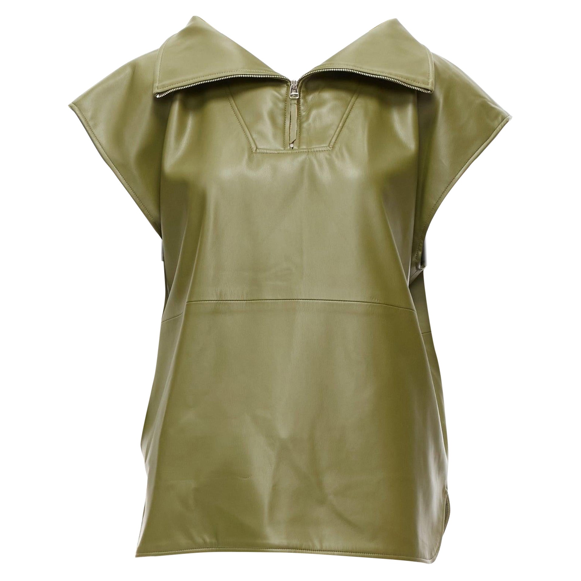 FRANKIE SHOP haut sans manches en faux cuir vert kaki avec demi fermeture éclair XS