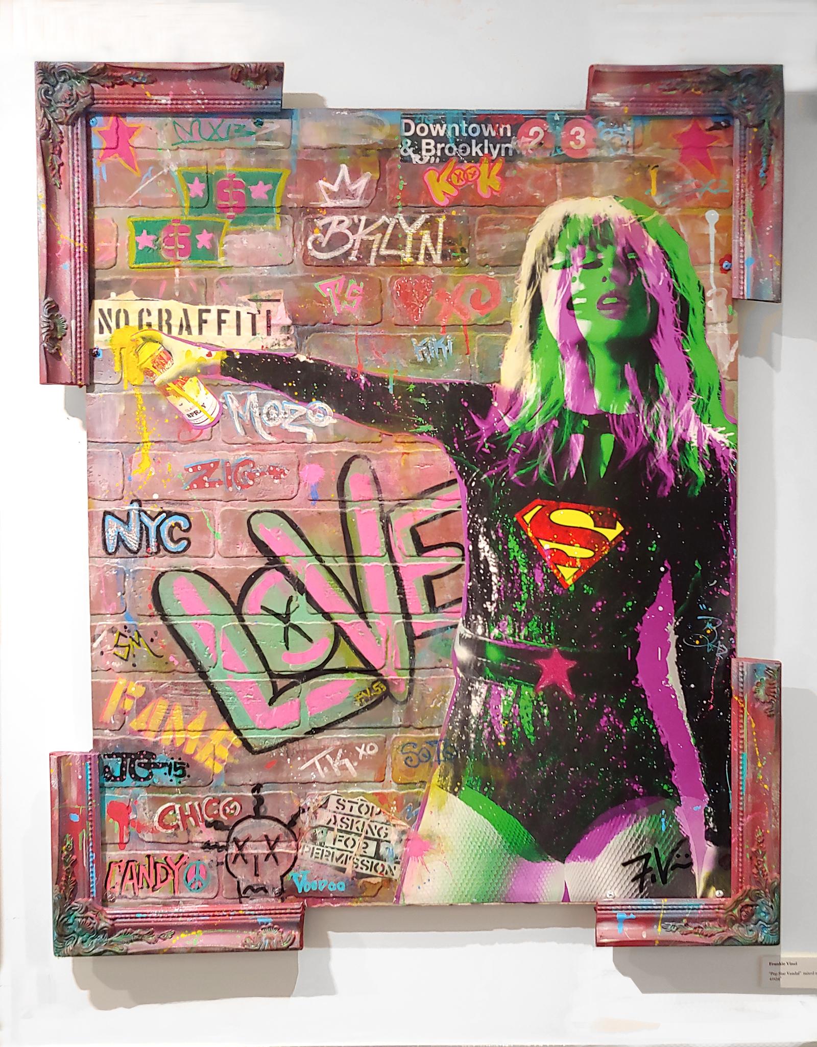 „Pop Star Vandal“ – Sprühfarbe, Acrylfarbe und Mischtechnik auf einer Platte in Ziegeloptik