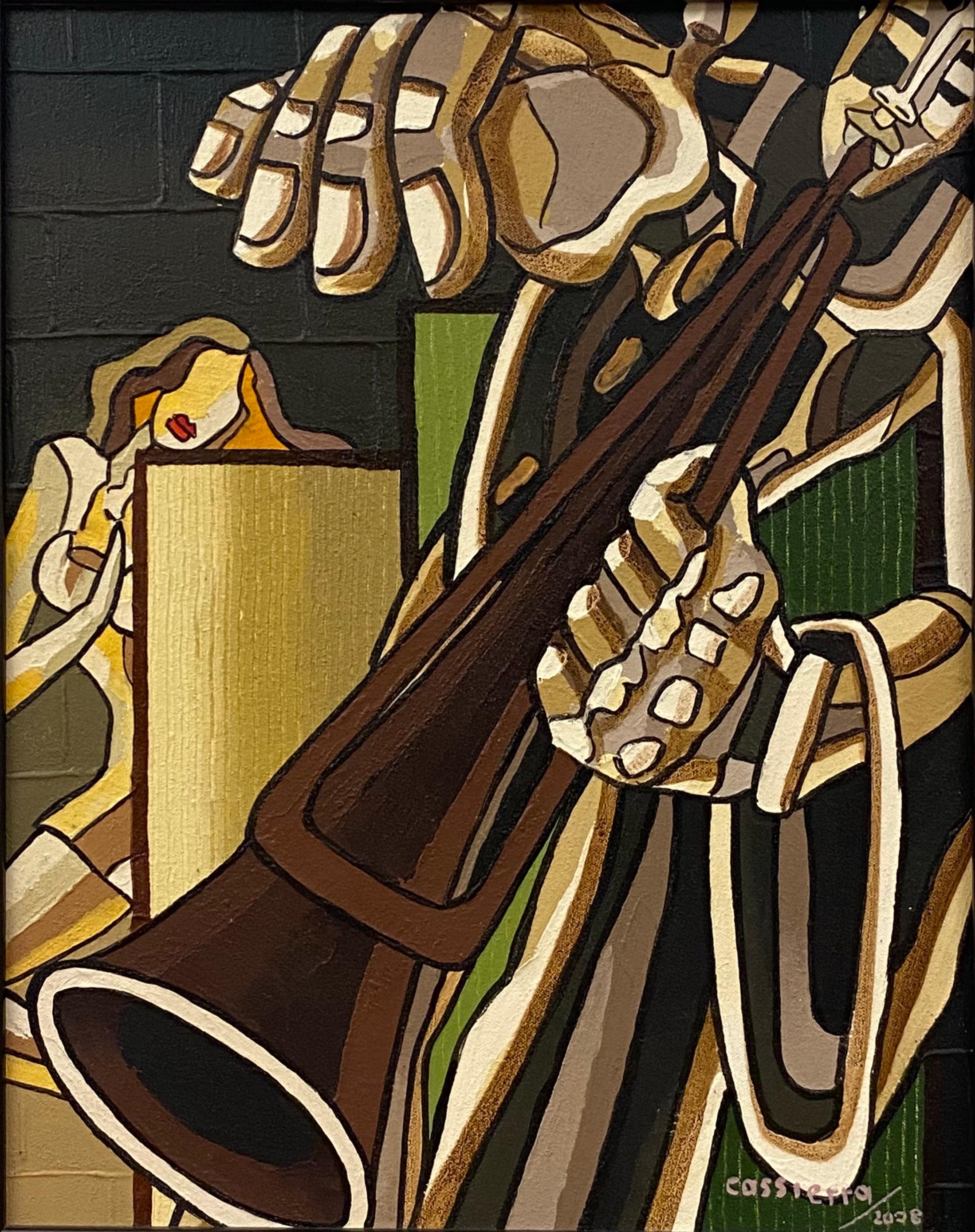 A very decorative original oil on canvas painting by American artist, Franklin Cassierra featuring a jazz musician. 

Franklin Cassierra, (American, Contemporary), New York City Soho street artist, painterly composition of man playing guitar for a