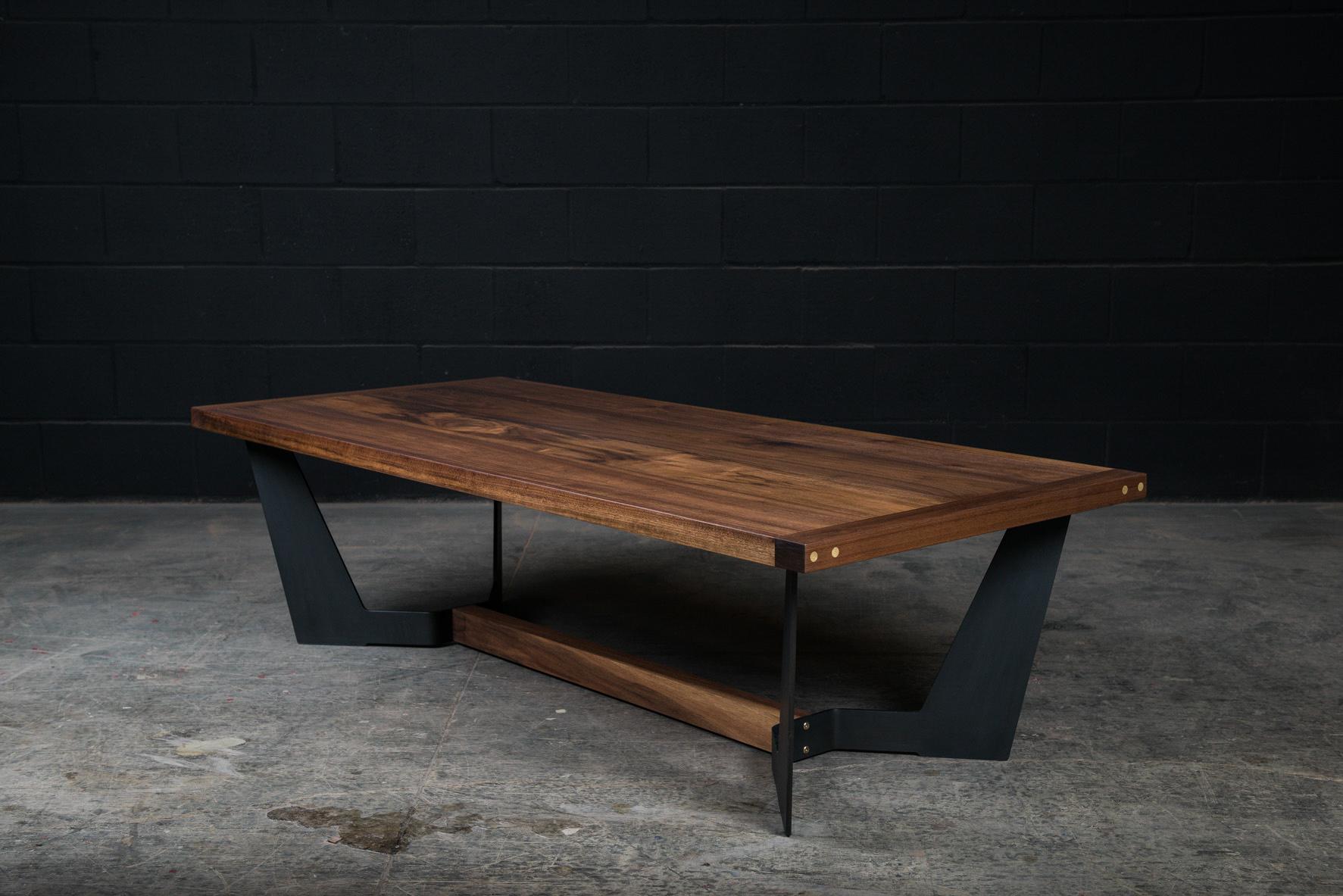 FRANKLIN Coffee Table by AMBROZIA, Ebonized Oak, Blackened Steel & Walnut Base In New Condition For Sale In Drummondville, Quebec