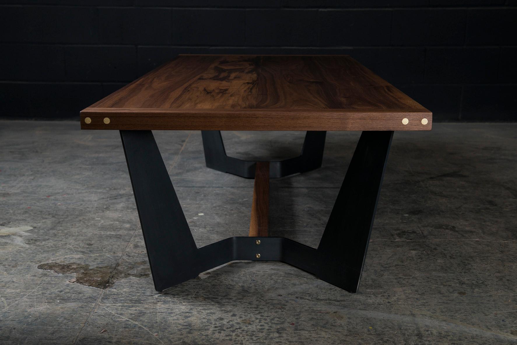 Canadian Franklin Coffee Table by AMBROZIA, Solid Walnut, Blackened Steel & Brass For Sale