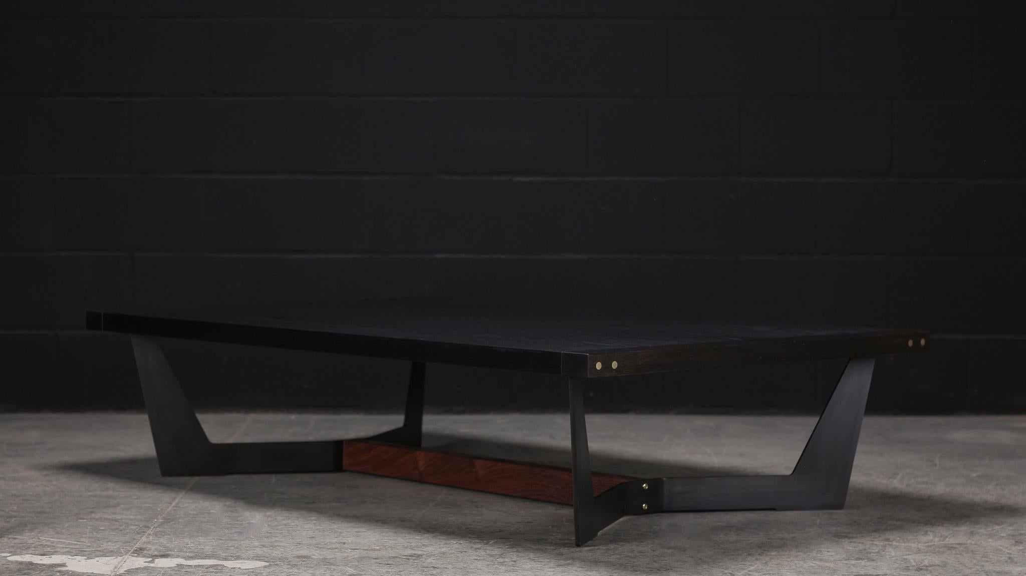 FRANKLIN Coffee Table by AMBROZIA, Solid Walnut, Blackened Steel & Brass In New Condition For Sale In Drummondville, Quebec