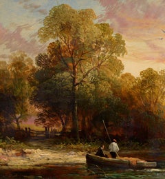 Pescadores en la orilla, Siglo XIX, Americano, Realista, Óleo, Barco, Figuras