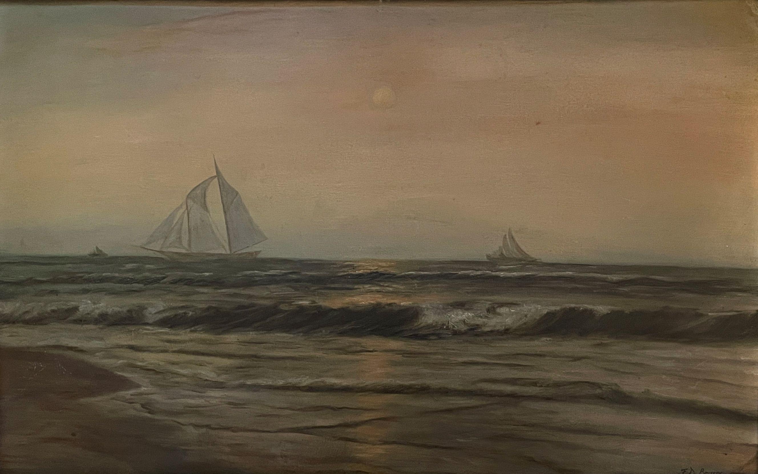 Franklin D. Briscoe Landscape Painting - "Ships at Sunset, " Franklin Briscoe, Marine Seascape, American Art, Hudson River