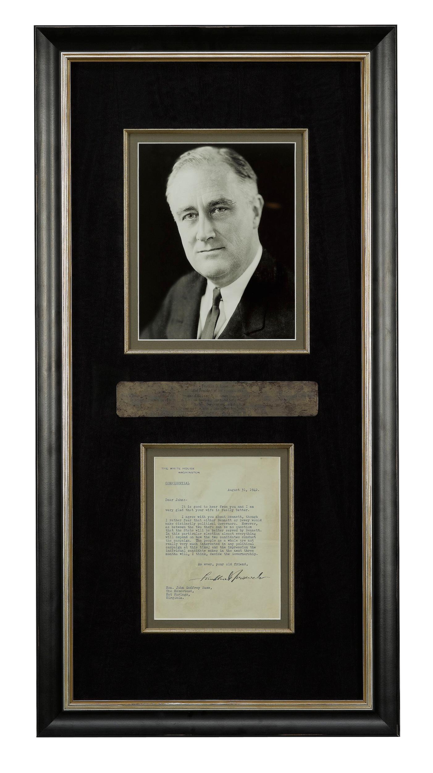Il s'agit d'une lettre originale signée du président Franklin D. Roosevelt à l'honorable John Godfrey Saxe, avocat et sénateur de l'État de New York. La lettre dactylographiée d'une page est rédigée sur du papier à en-tête de la Maison Blanche,