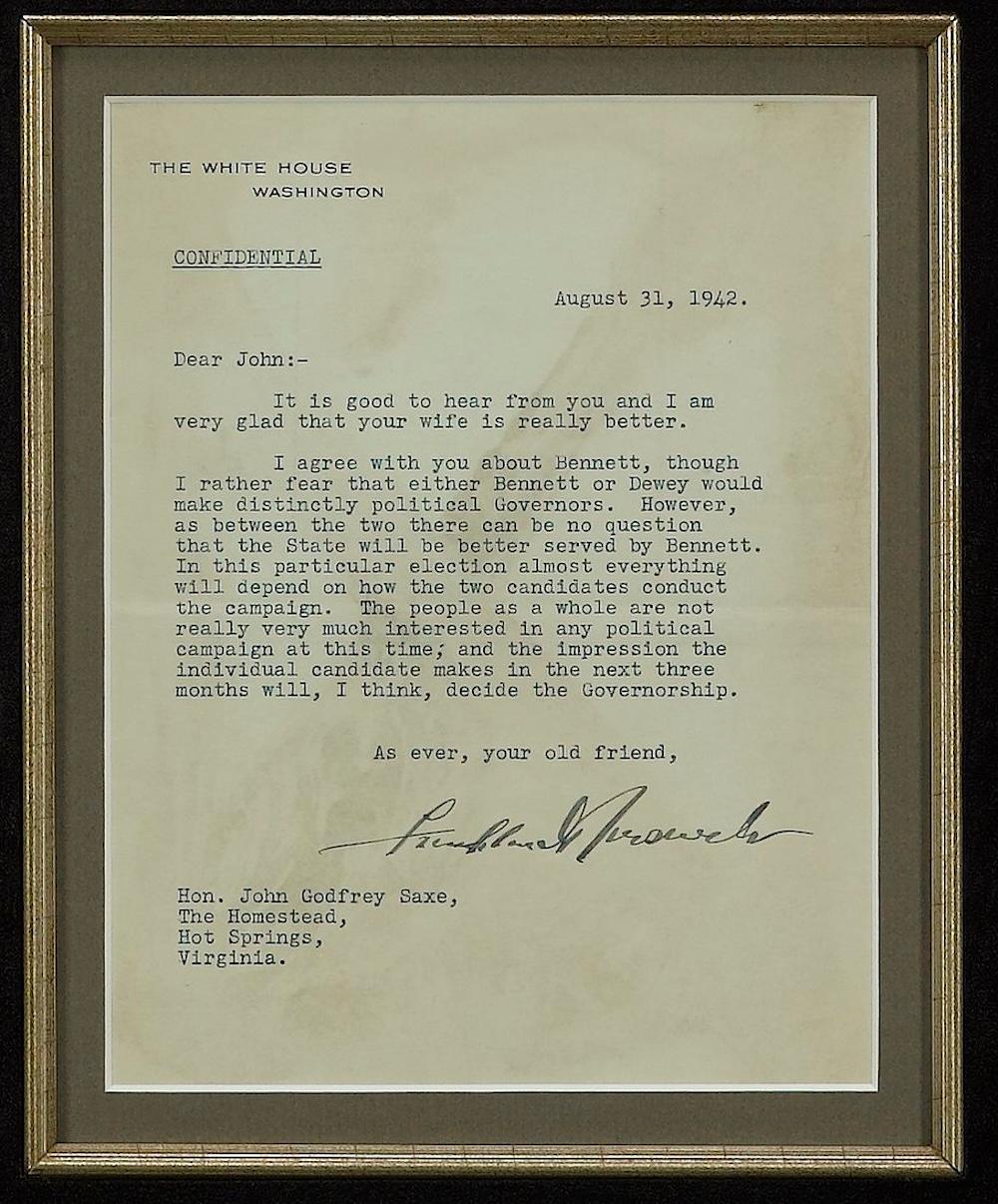 Américain Lettre signée Franklin D. Roosevelt, 1942 en vente
