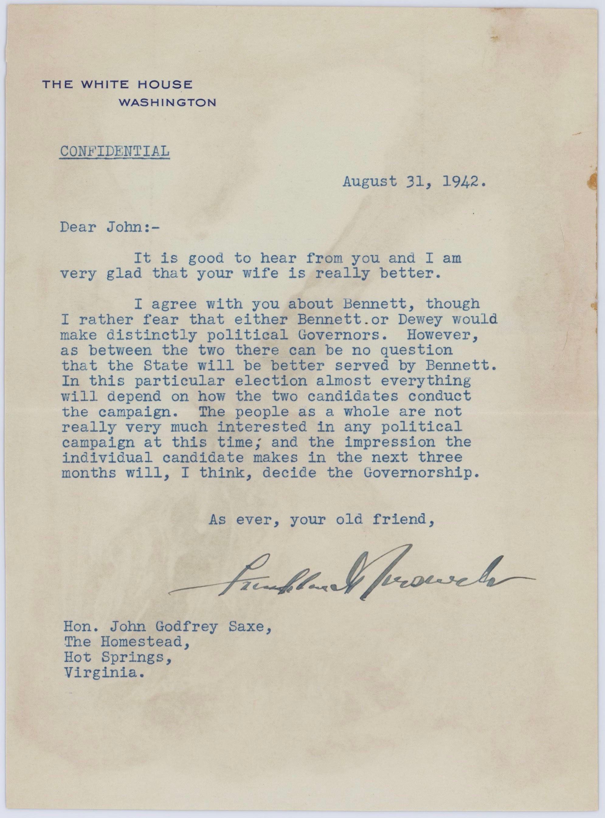 Lettre signée Franklin D. Roosevelt, 1942 en vente 1