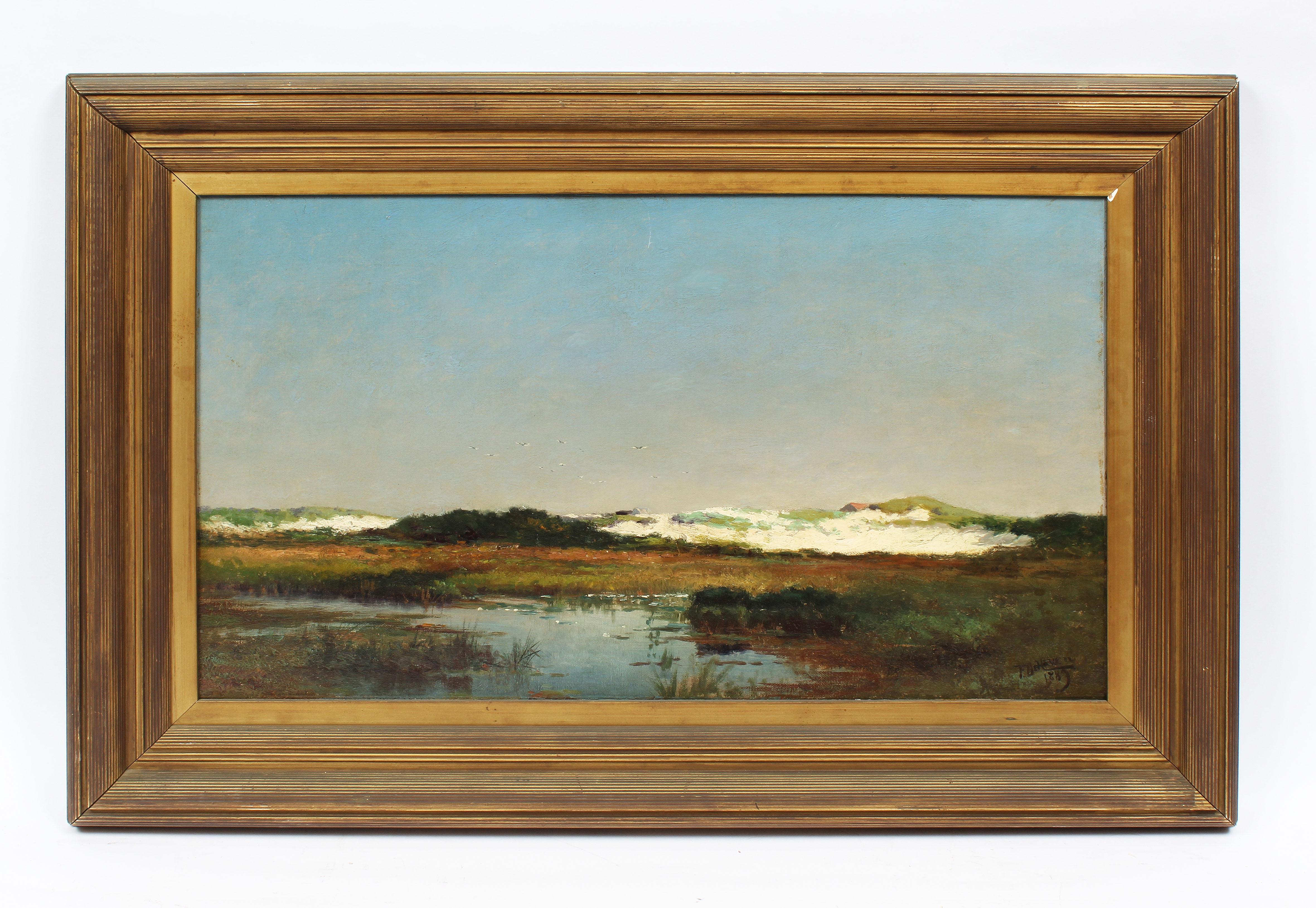 Antico dipinto ad olio firmato Impressionista Americano New England Marsh Beach Dune - Painting di Franklin DeHaven