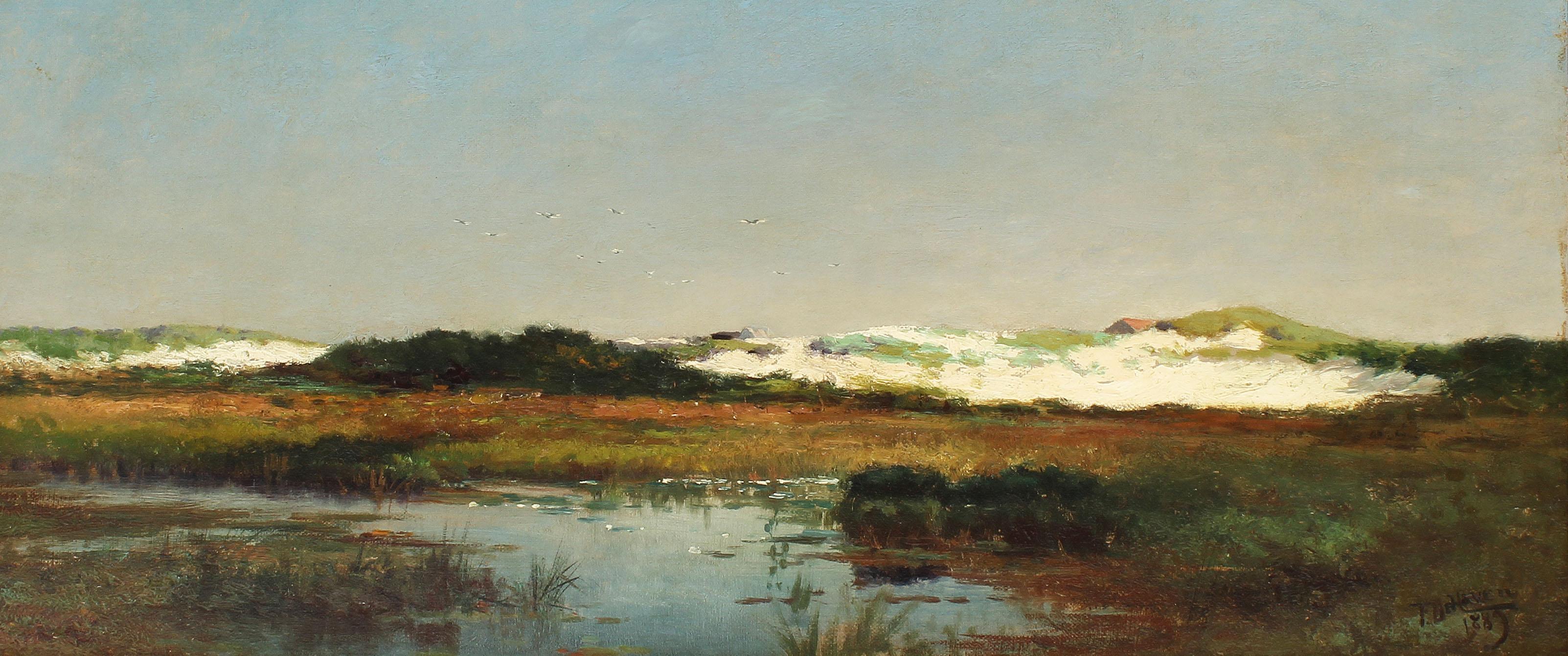 Antico dipinto ad olio firmato Impressionista Americano New England Marsh Beach Dune - Landscape Painting Marrone di Franklin DeHaven
