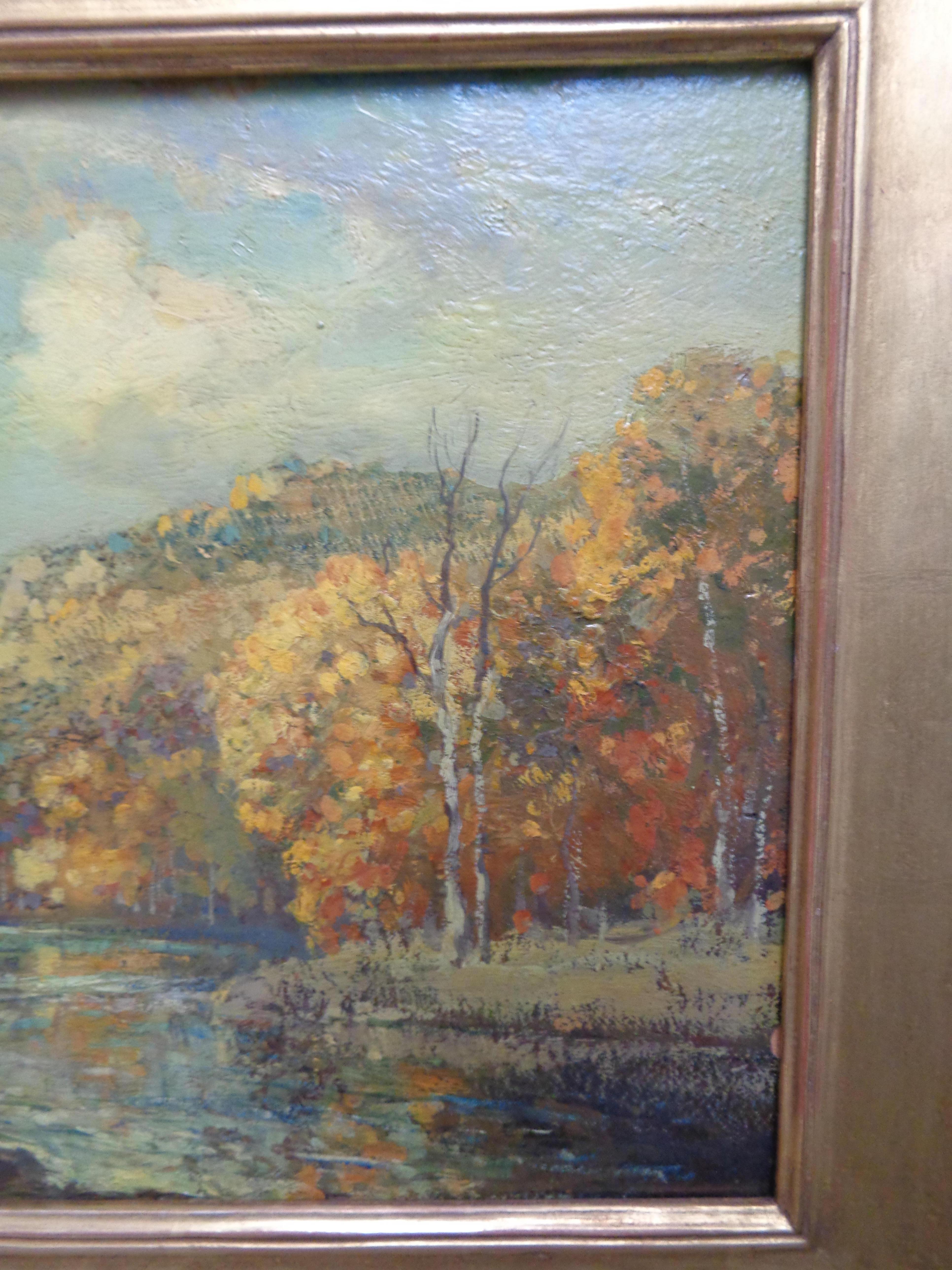 Autumn Landscape Stream Franklin Dehaven, NA Oil Painting Salmagundi Artist  - Brown Landscape Painting by Franklin DeHaven