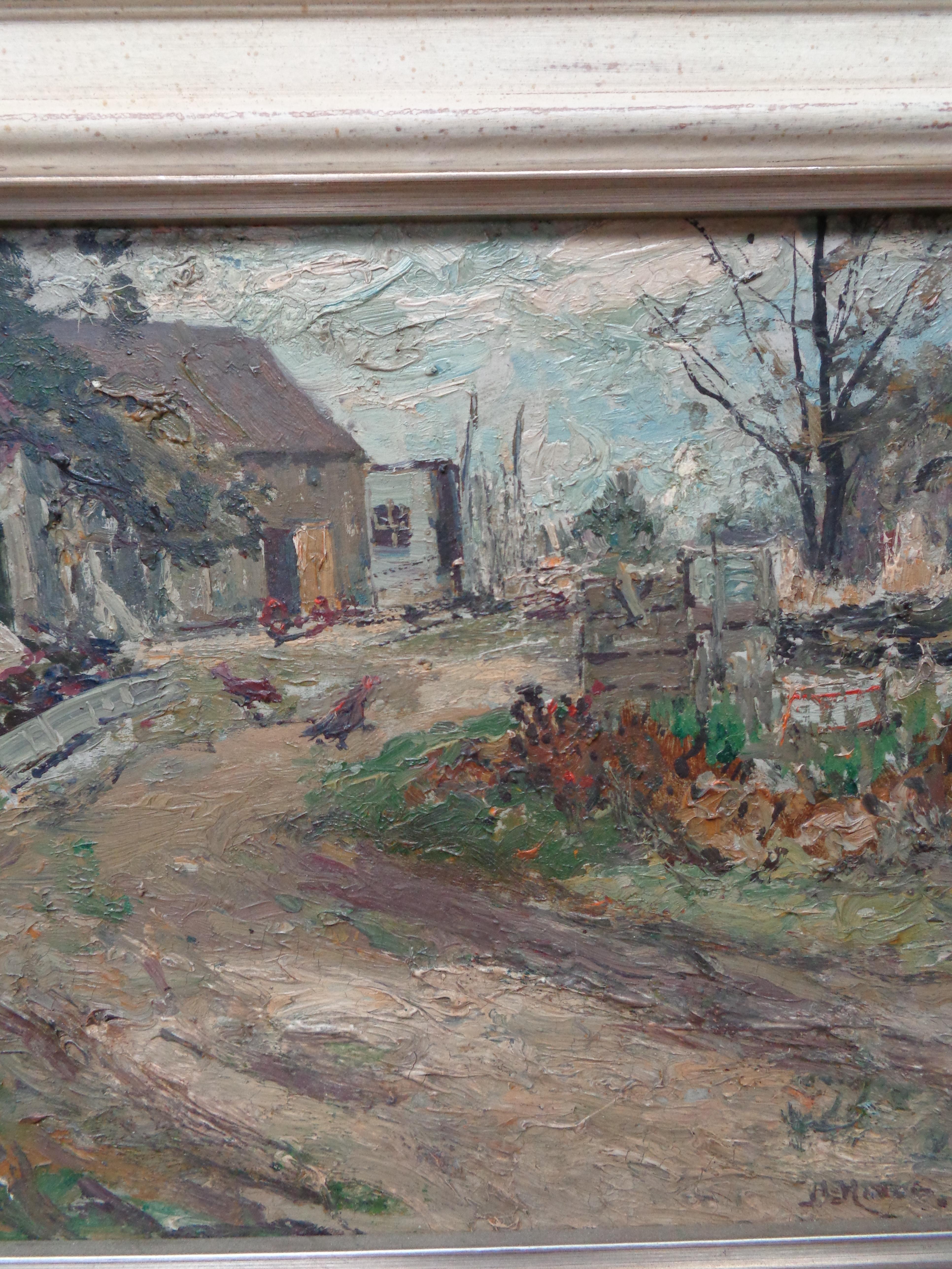 « Farm Yard », Franklin Dehaven, NA, peinture à l'huile, artiste du Salmagundi Club - Impressionnisme Painting par Franklin DeHaven
