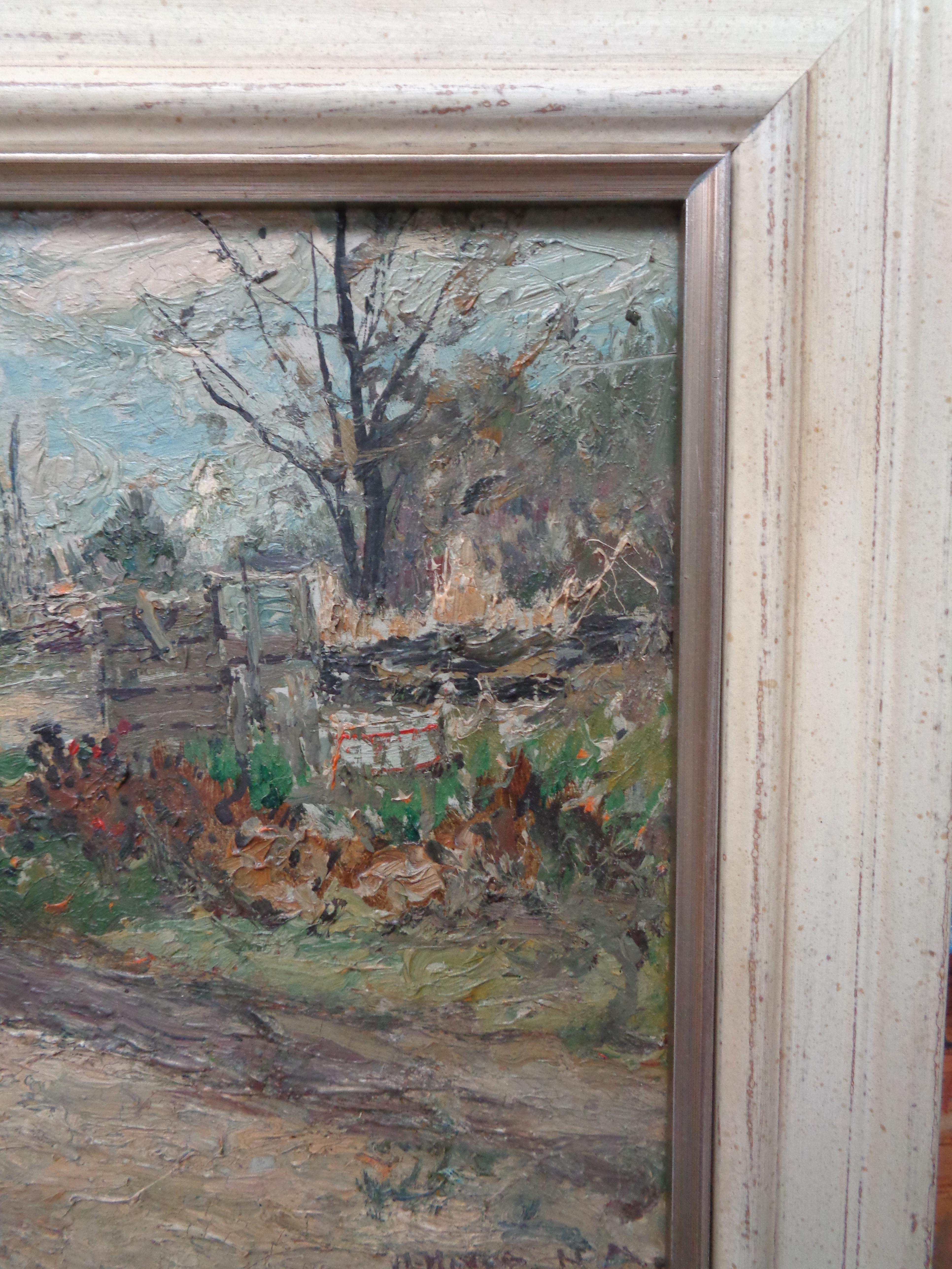 « Farm Yard », Franklin Dehaven, NA, peinture à l'huile, artiste du Salmagundi Club - Marron Landscape Painting par Franklin DeHaven