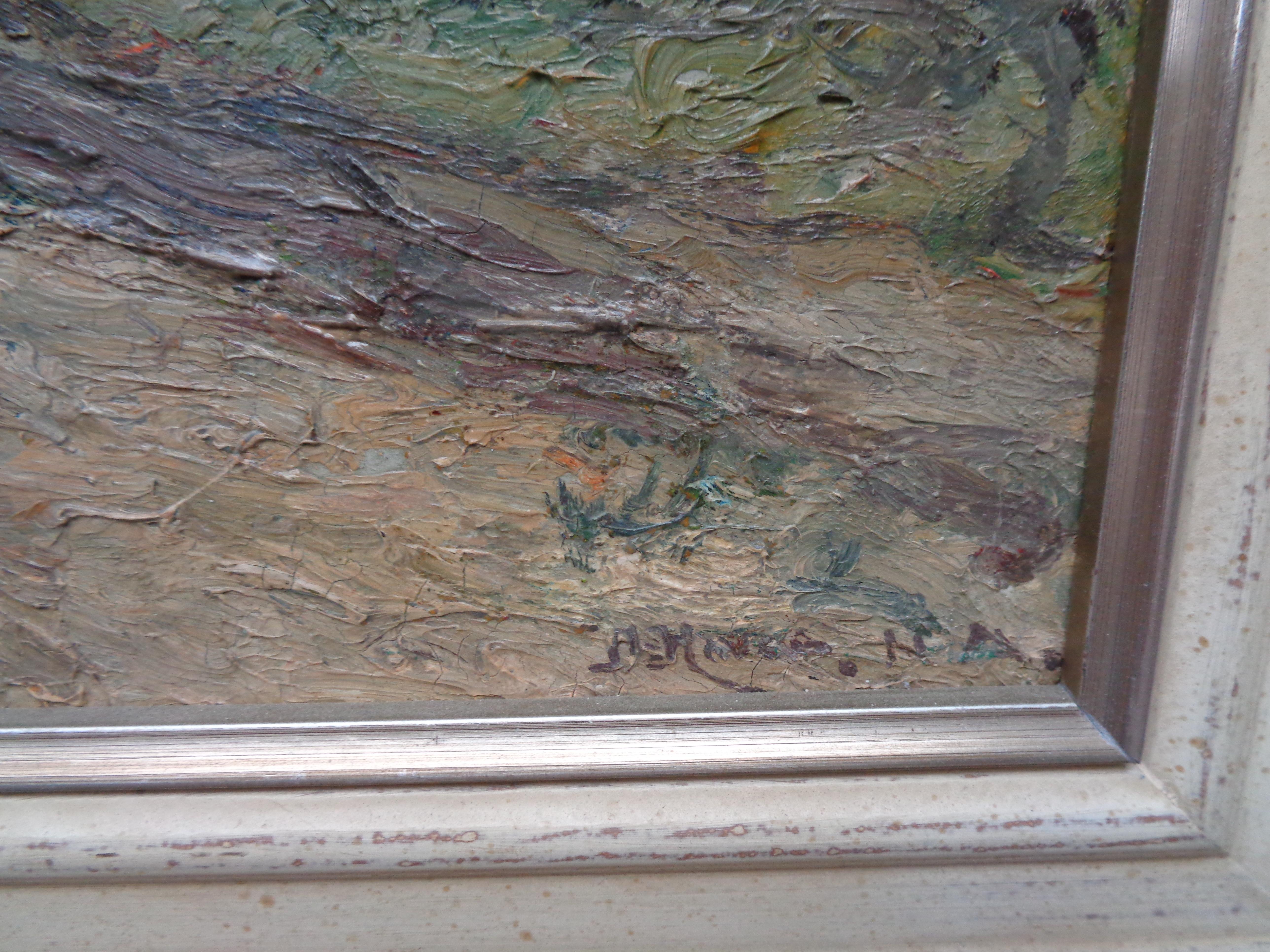 Cour de ferme, huile sur panneau. Image  est 8x10 et 12.5 x 14 encadré. Il s'agit de l'une des deux peintures de DeHaven disponibles. Celui-ci est signé au recto et possède un morceau d'une étiquette d'exposition, peut-être une étiquette de