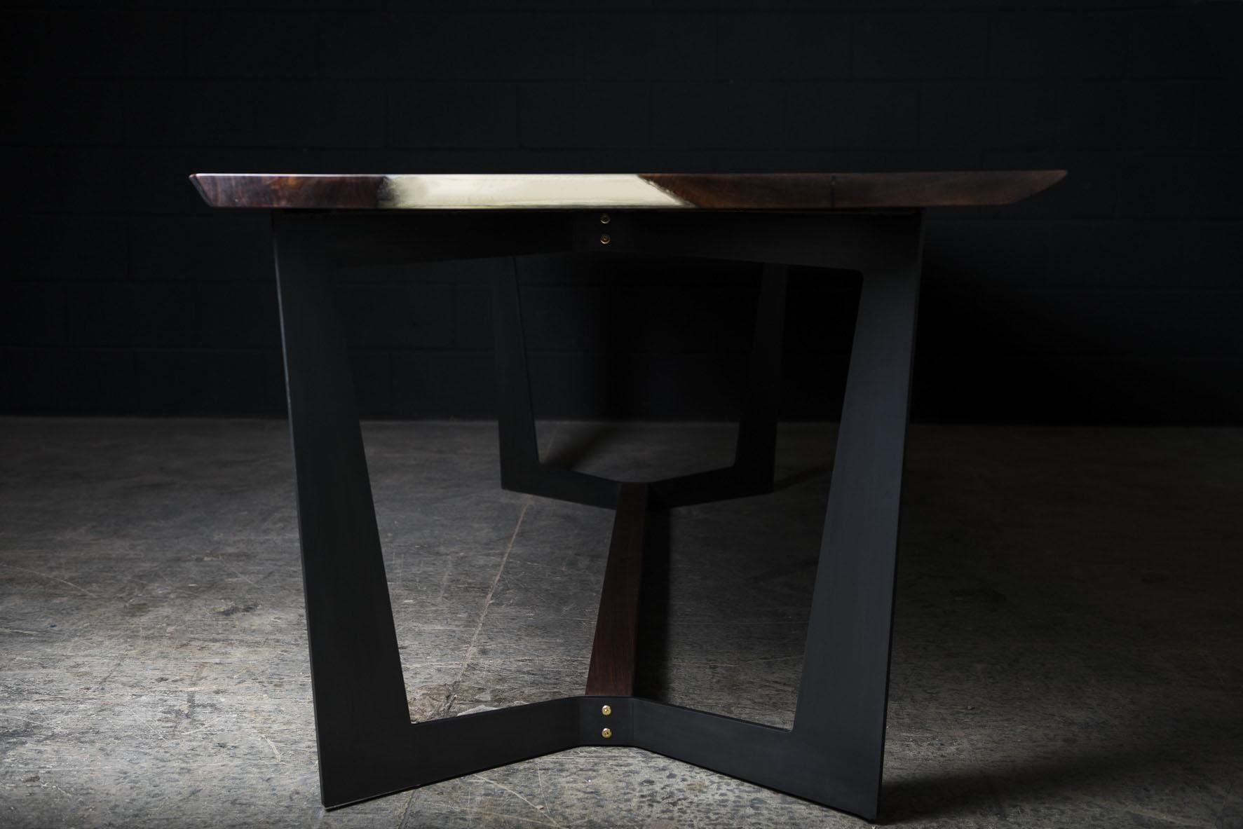 Organic Modern Franklin Dining Table by Ambrozia, Walnut Slab, Blackened Steel & Walnut Base For Sale