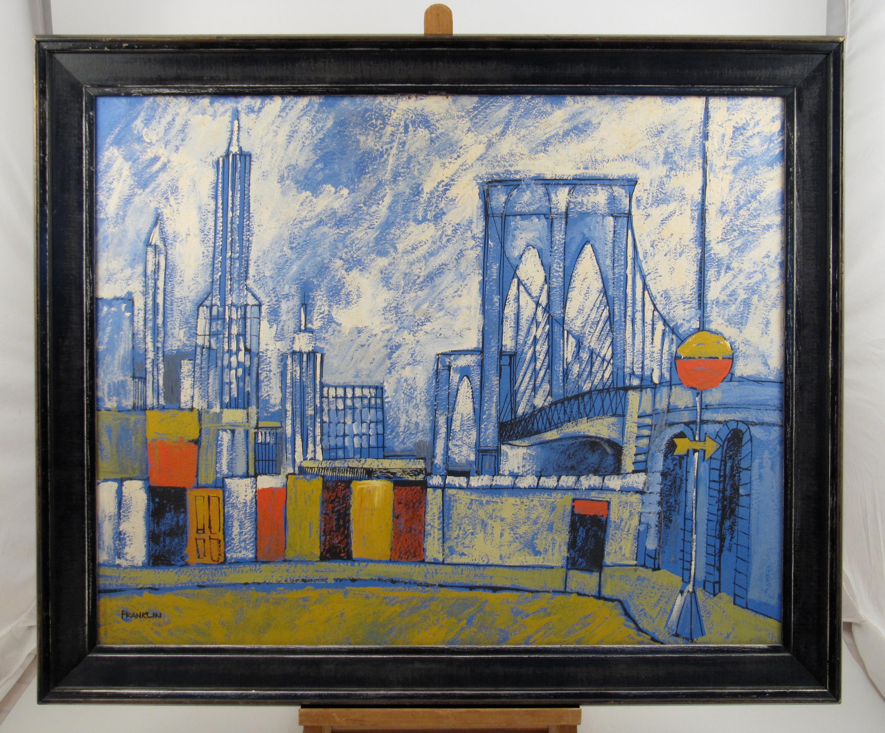 FRANKLIN Karl Mann Associates NY - Oil o/B - Brooklyn Bridge & Manhattan Skyline - Painting by Franklin (Karl Mann Associates)