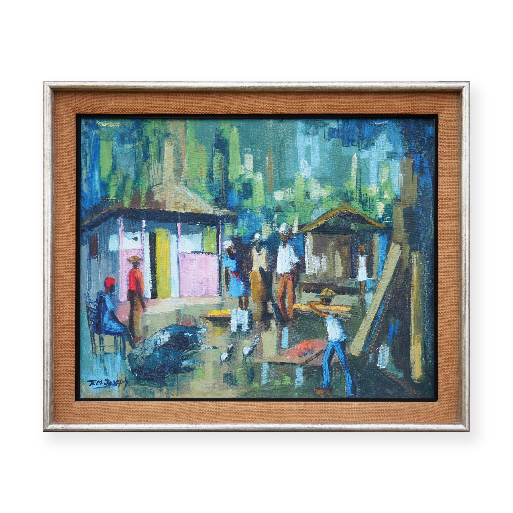 Scène de paysage de village abstrait bleu et vert d'inspiration post-impressionniste - Painting de Franklin M. Joseph