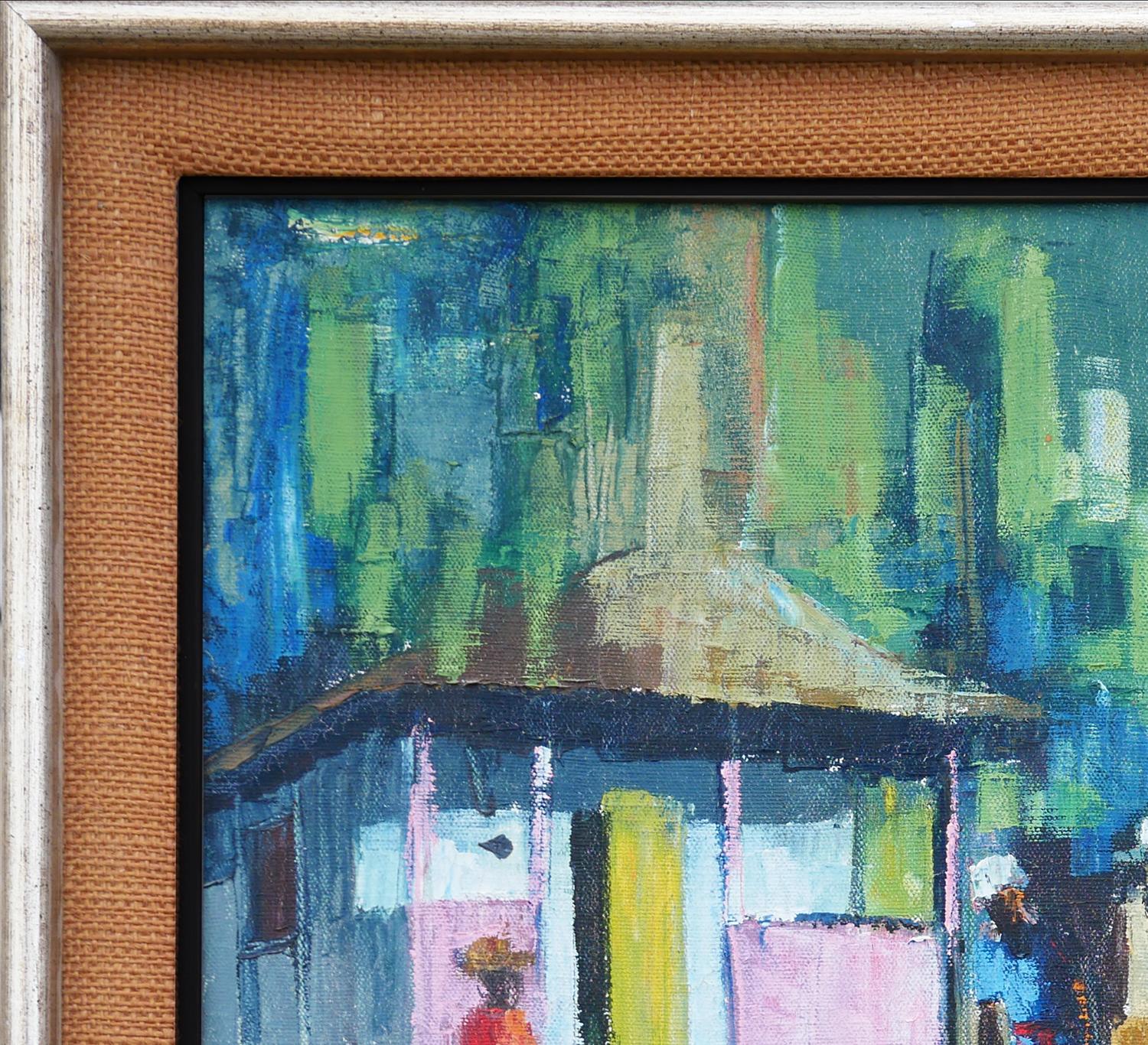 Blue and green toned abstract village landscape by Haitian artist Franklin M. Joseph. The work features loosely rendered figures going about their daily lives. Signed in front lower left corner. Currently hung in a silver and burlap frame.